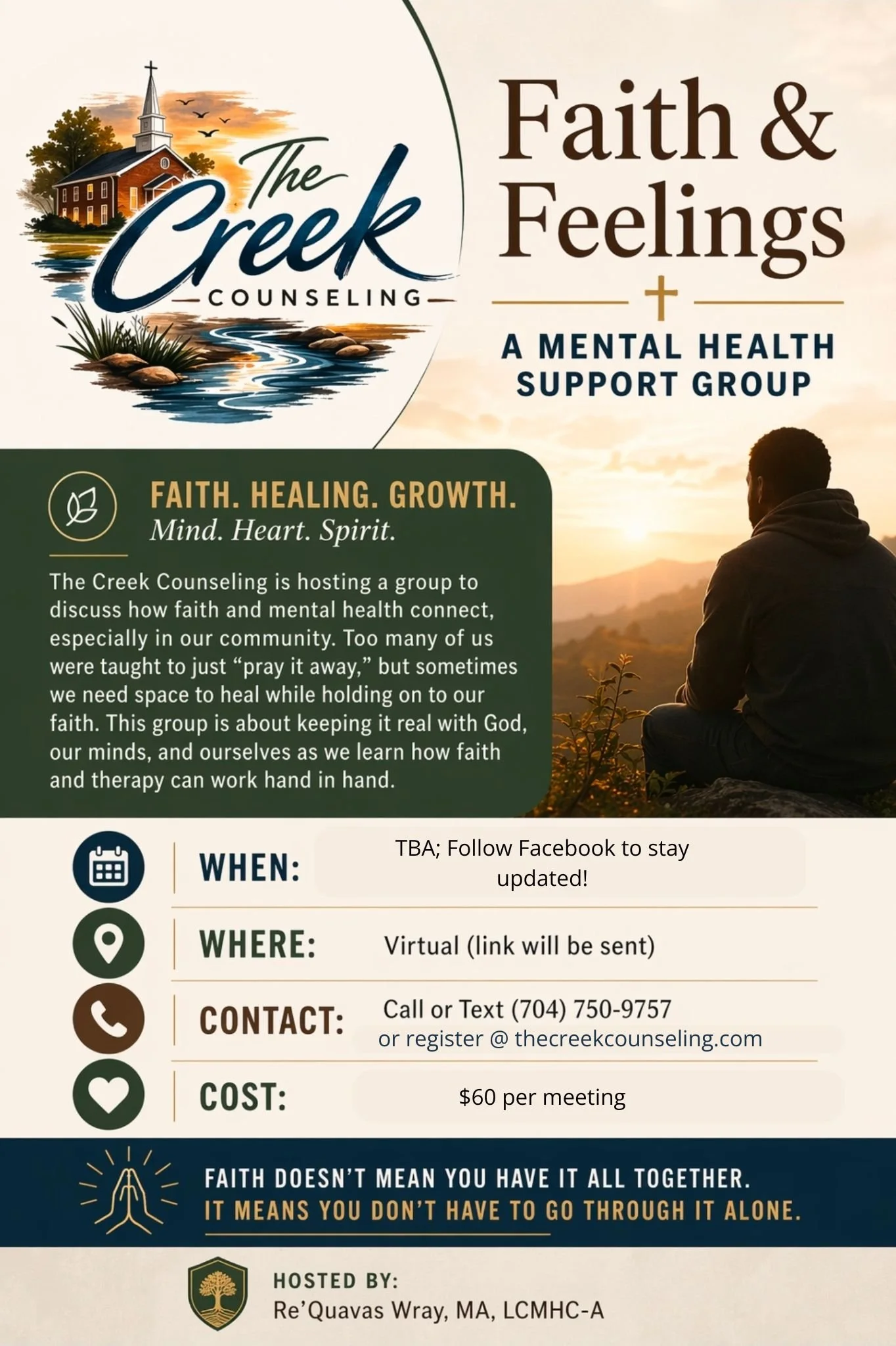 Poster promoting a virtual group on faith and mental health, hosted by The Creek Counseling, featuring an illustration of a church, a creek, and a person sitting outdoors during sunset.