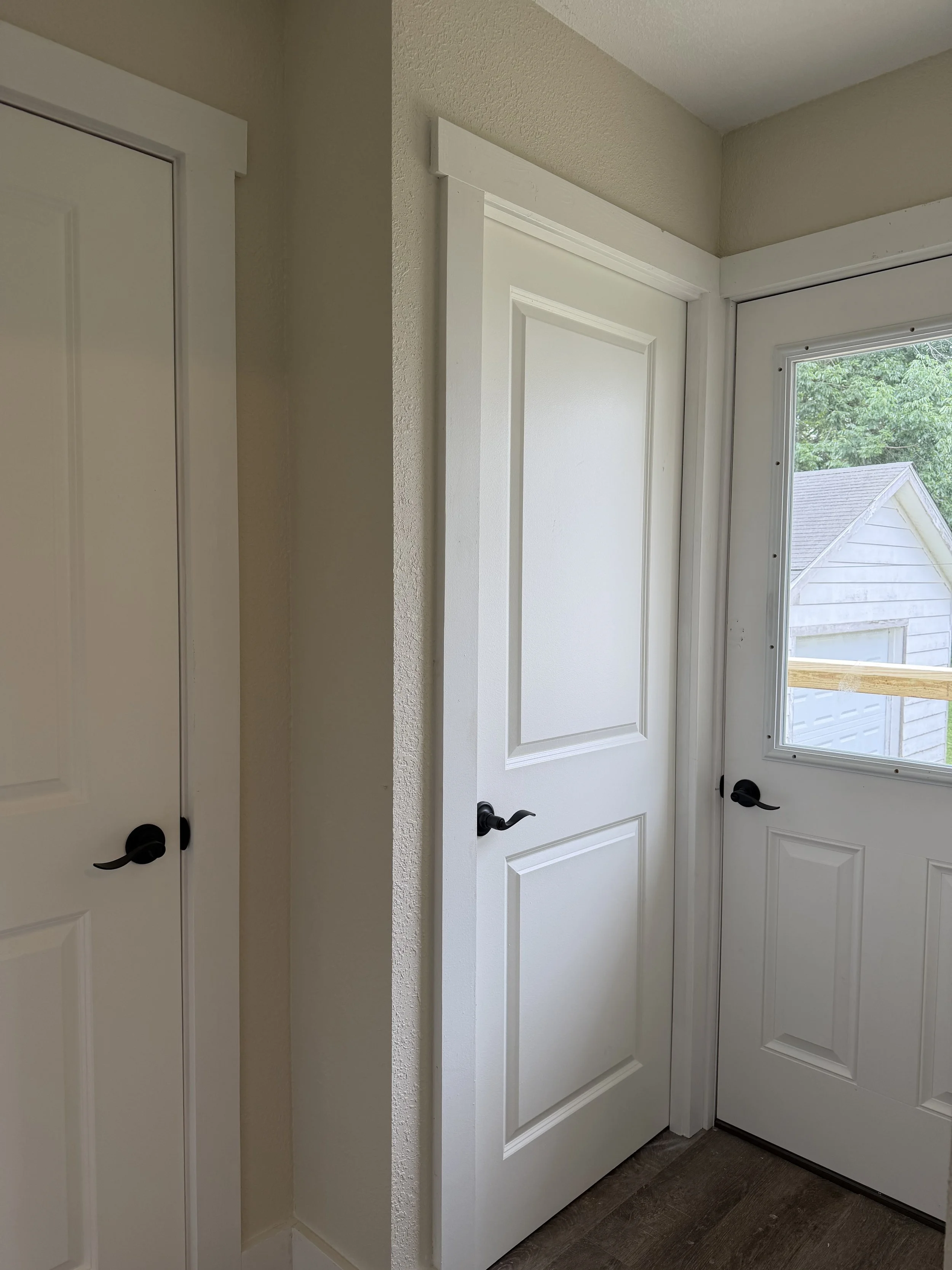 Interior view of a white door and a side panel near a window with a house and trees outside.