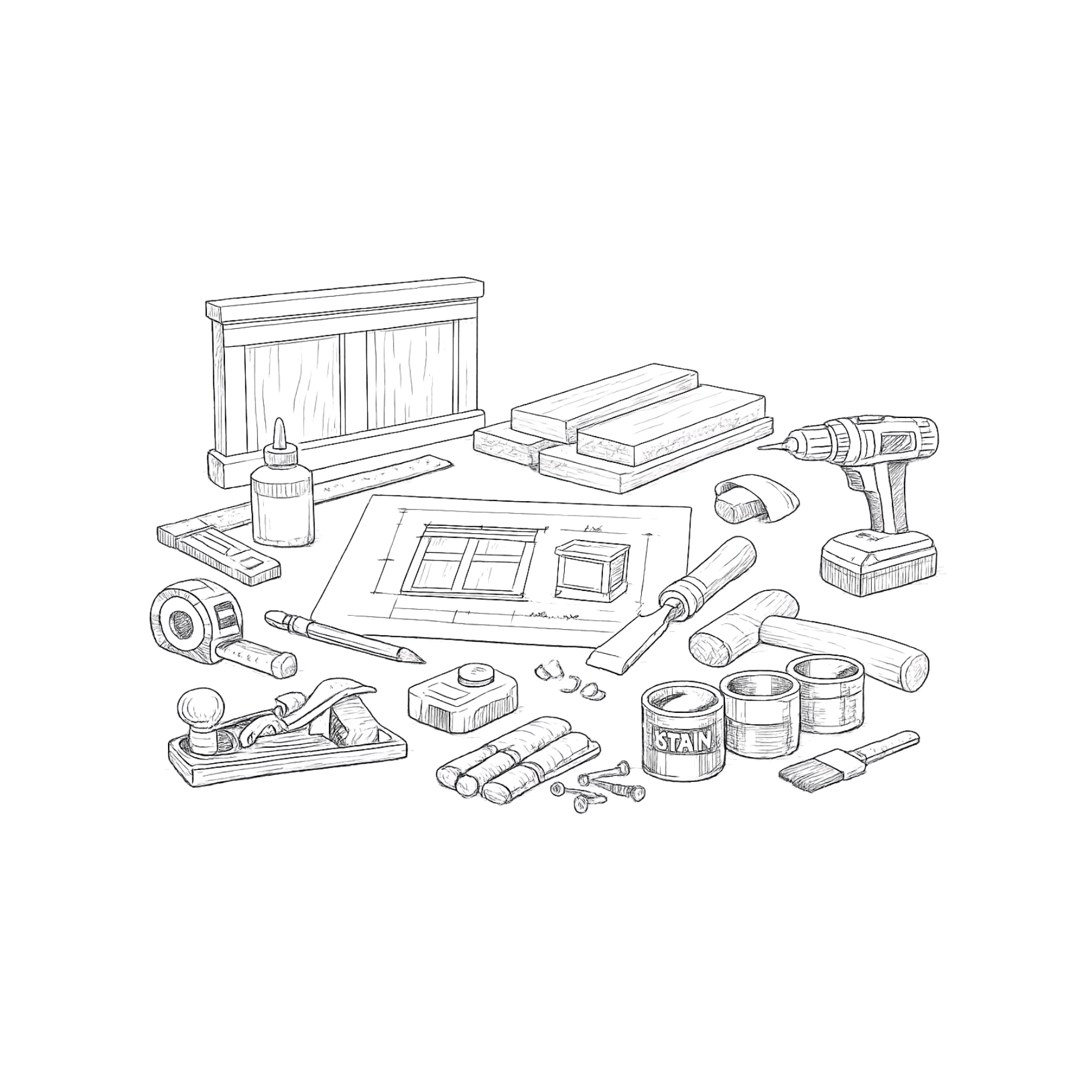 Outline drawing of various woodworking tools and supplies on a black background, including a cordless drill, clamps, wood pieces, measuring tools, a bottle of glue, and small screws.