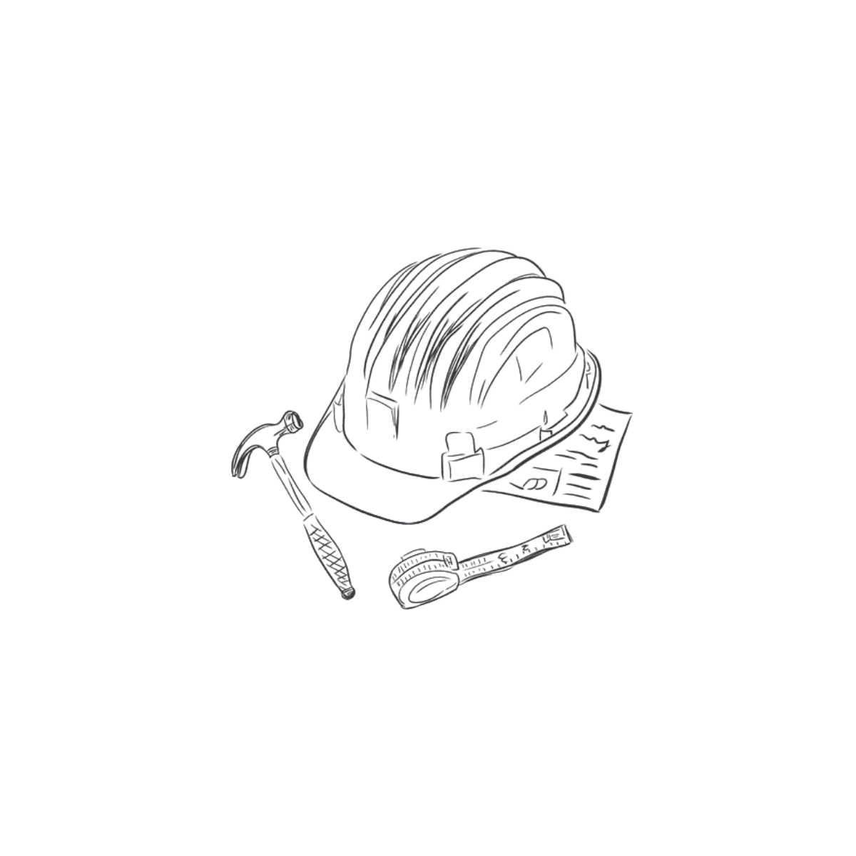 Line drawing of a construction helmet, a hammer, a rolled measuring tape, a ruler, and a sheet of paper, all related to construction work.