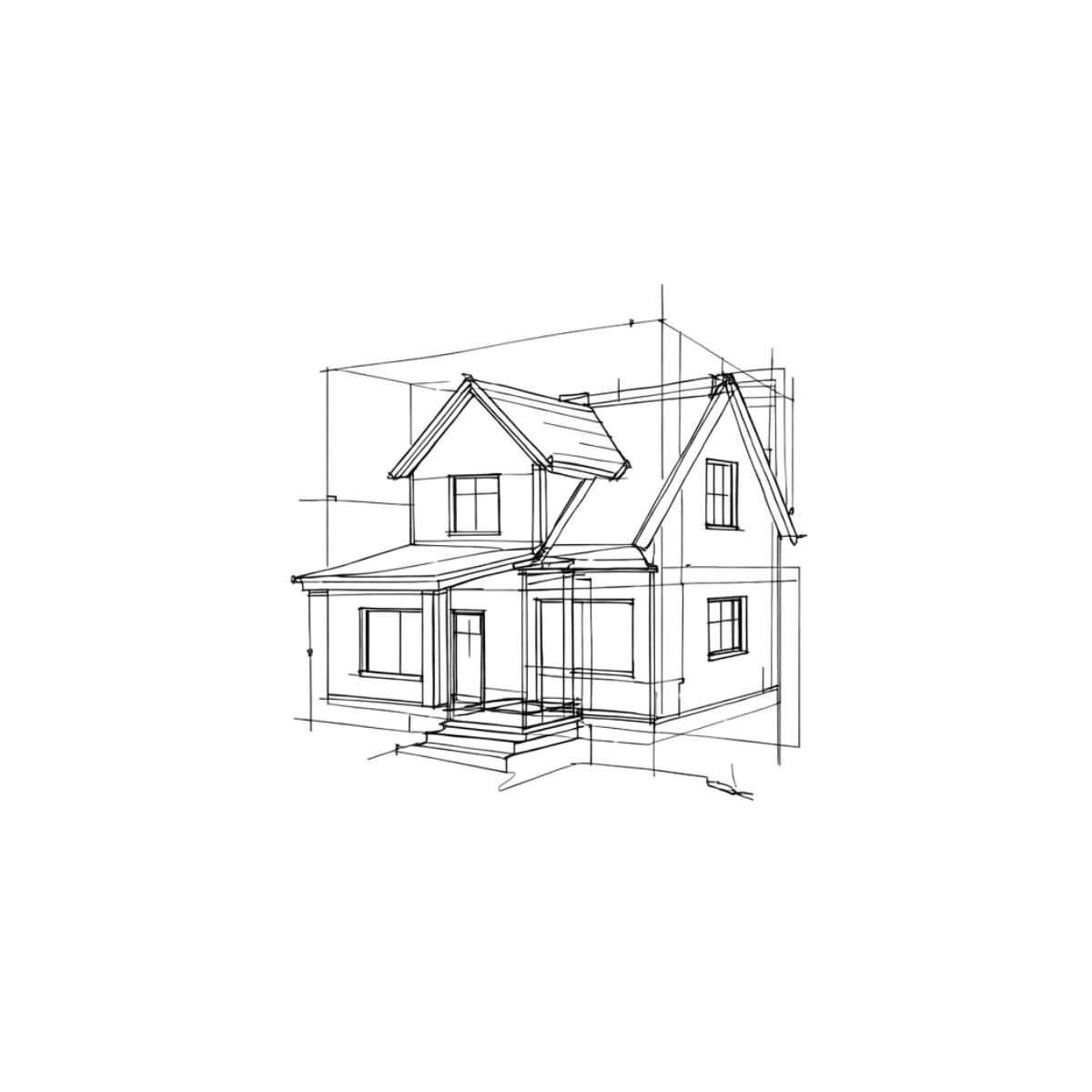Blueprint drawing of a two-story house with detailed structural lines on a black background.