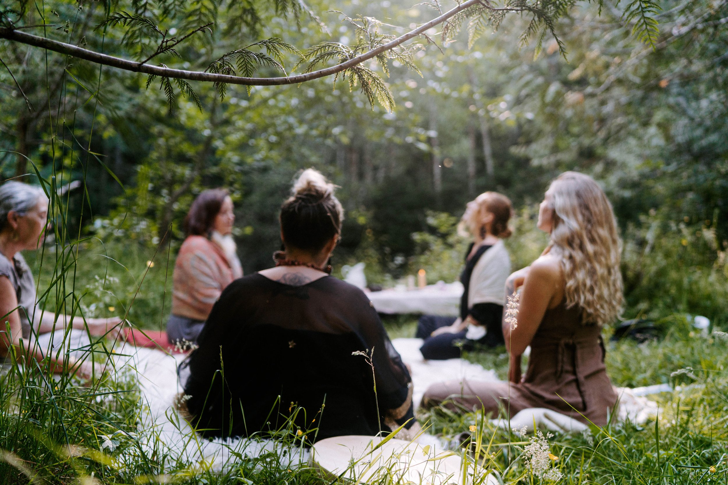Group of women sitting cross-legged on a blanket in a lush, green forest, engaged in a discussion or meditation, with trees and foliage surrounding them.
