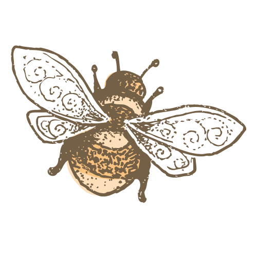 Illustration of a bee with open wings, detailed with decorative swirls.