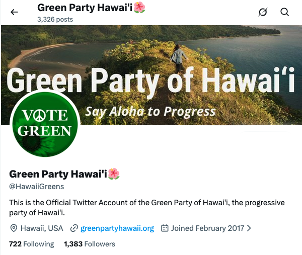 Twitter profile page of Green Party Hawai'i showing a banner with a person standing on a grassy hill overlooking a body of water, trees, and a beach shoreline, along with the party's logo and slogan.