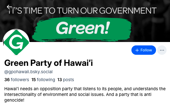 A social media profile header for the Green Party of Hawai'i, showing a black and green banner with the text "It's time to turn our government Green!" and the Green Party logo, a green "G" inside a circle.