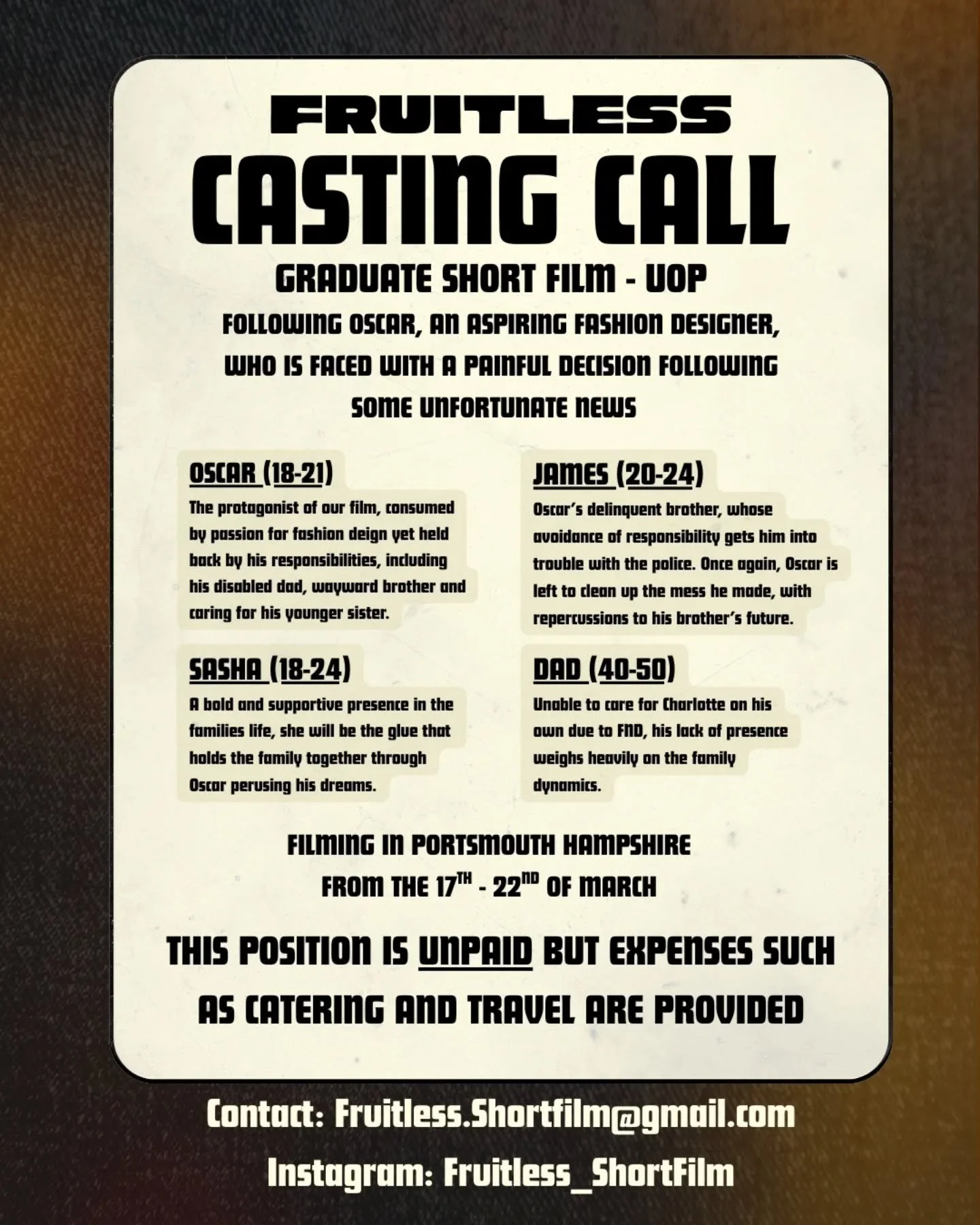 Hi, we&rsquo;re looking for actors for our coming-of-age social drama short film.
Apply via Backstage or send a DM here on Instagram.

https://www.backstage.com/casting/fruitless-2891782/

#shortfilm #film #castingcall #cast #filmmaking #studentfilm 
