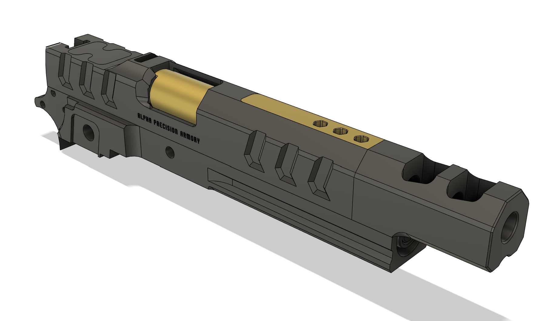 A 3D rendering of a firearm component labeled 'Alpha Precision Armory' with gold-colored sections and various cutouts and details.