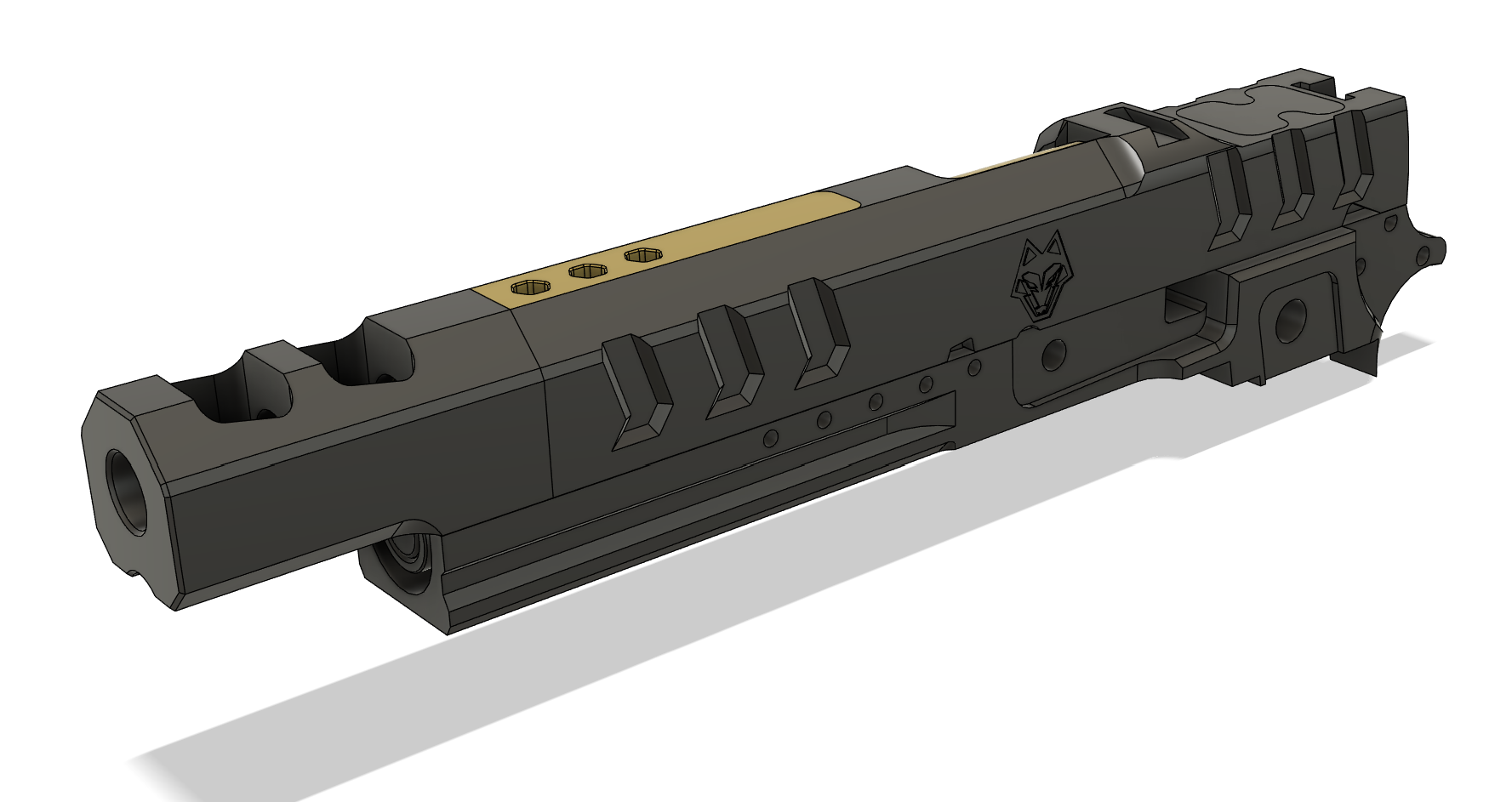 A 3D digital rendering of a black firearm component with some metallic gold parts, featuring a wolf logo on the side.
