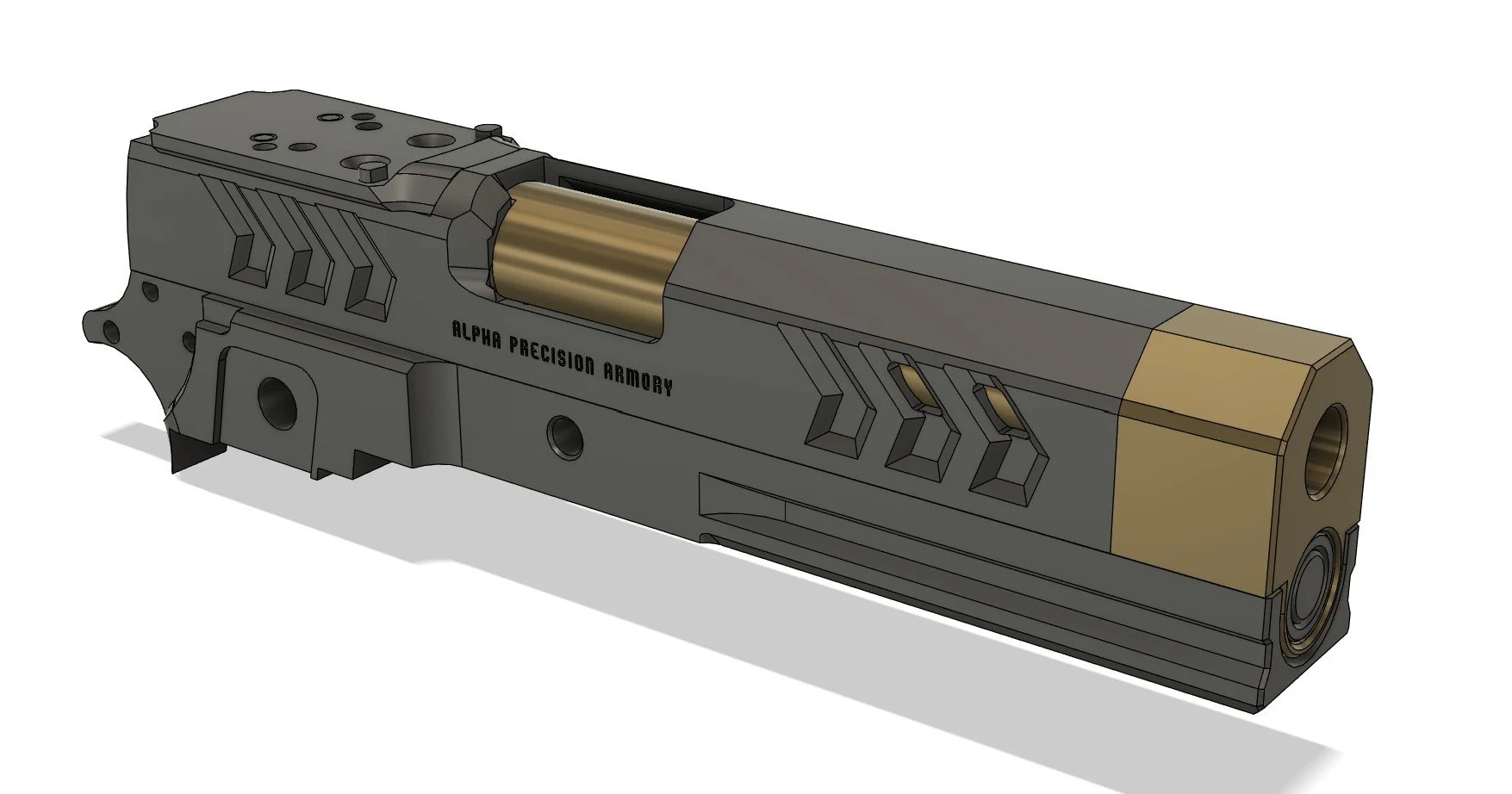 3D rendering of a modern semi-automatic pistol with a gray and gold color scheme, labeled 'Alpha Precision Armory'.