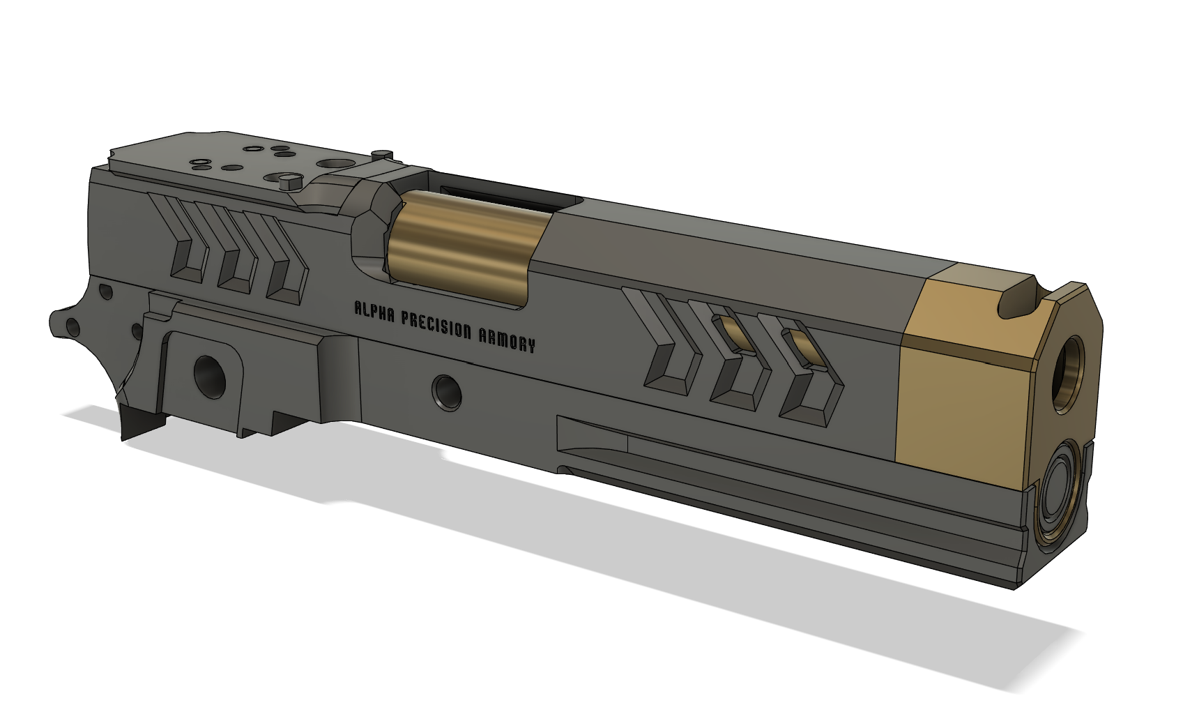 A digital render of a modern semi-automatic handgun labeled 'Alpha Precision Armory' with a matte gray body, metallic gold accents, and a slide with venting design.