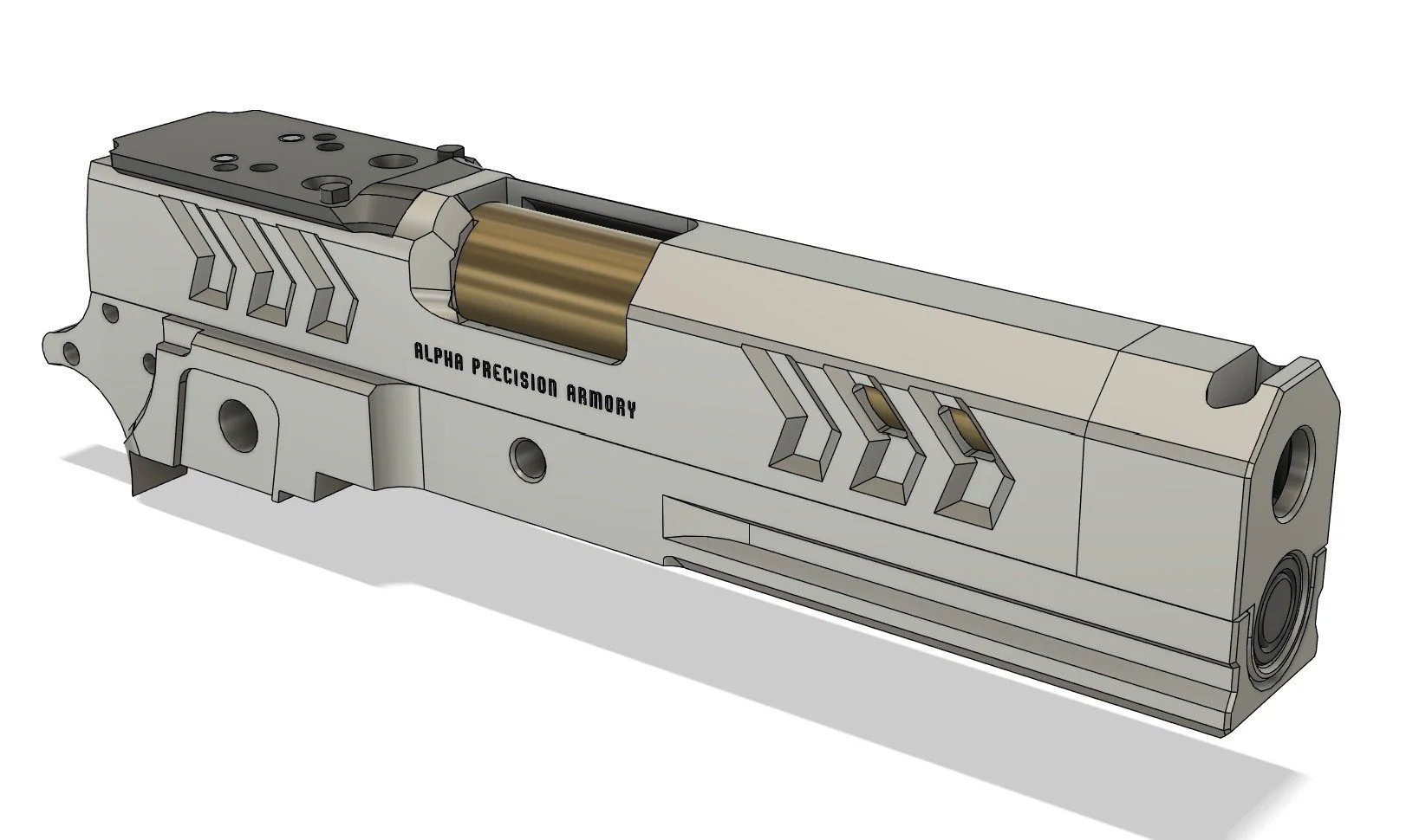 3D rendering of a futuristic semi-automatic handgun with the label 'Alpha Precision Armory', featuring metallic silver and gold accents.
