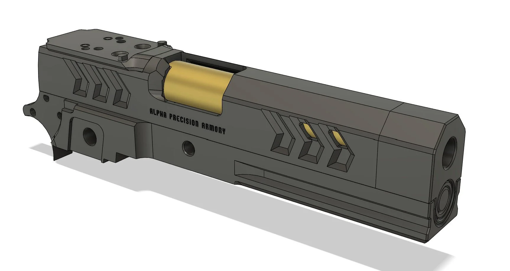 A digital illustration of a modern pistol with the words "Alpha Precision Armory" on its side, featuring a dark gray body and gold accents around the chamber and slide.