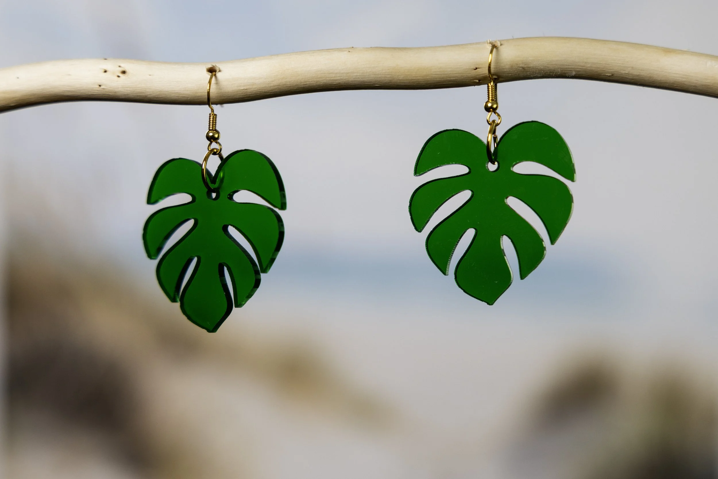 Monstera Tropical Leaf Earrings - Translucent Green