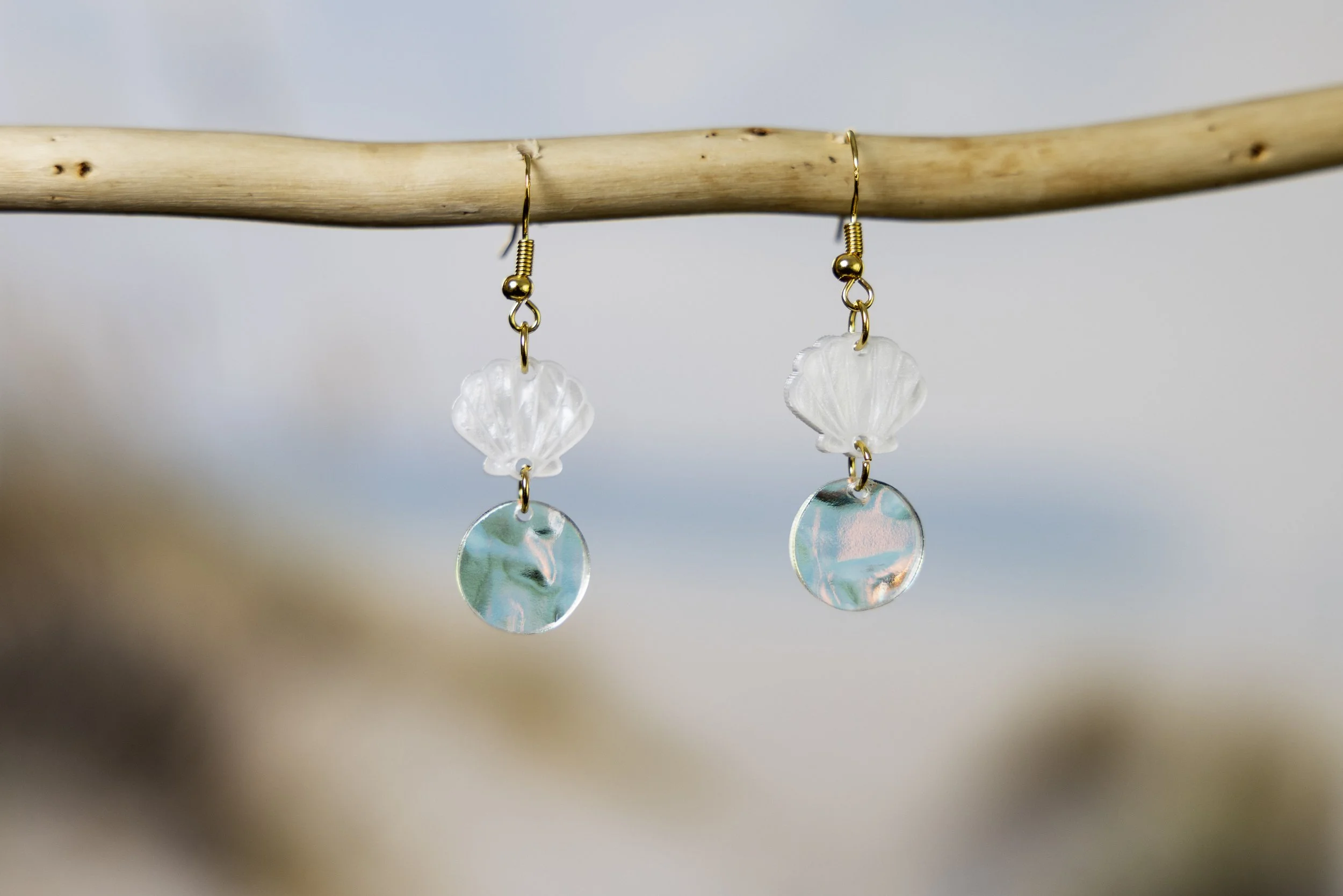 Ocean Ripple Shell Earrings- Pearlescent White & Iridescent Water Ripple