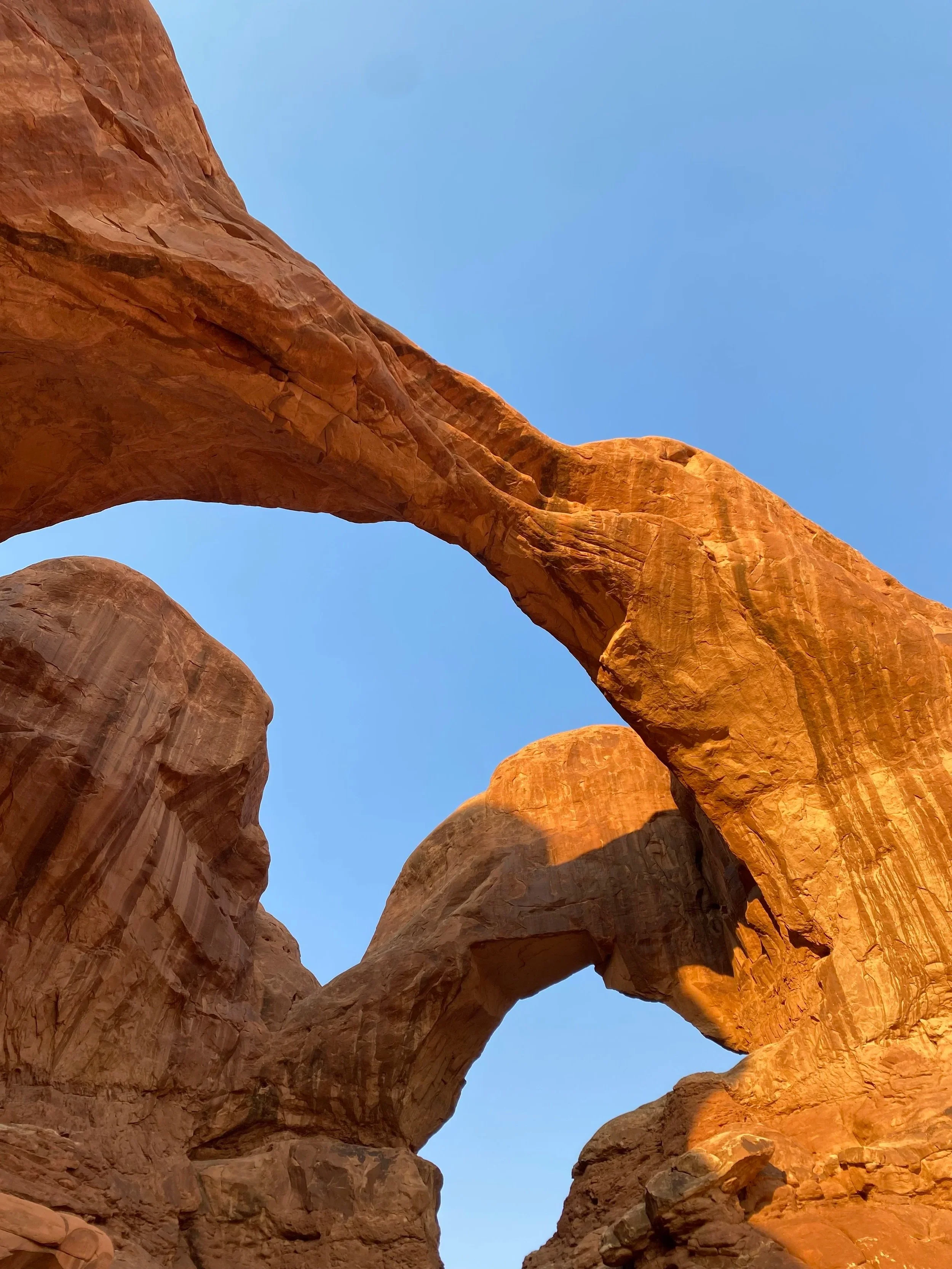 Rock formation with natural arches and bridges in a desert landscape under a clear blue sky.