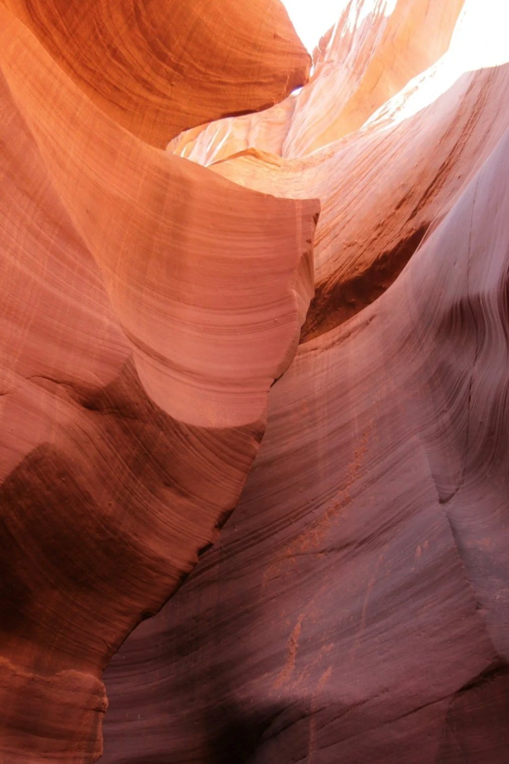 Close-up view of smooth, layered sandstone formations in a narrow slot canyon, with warm reddish and orange tones.