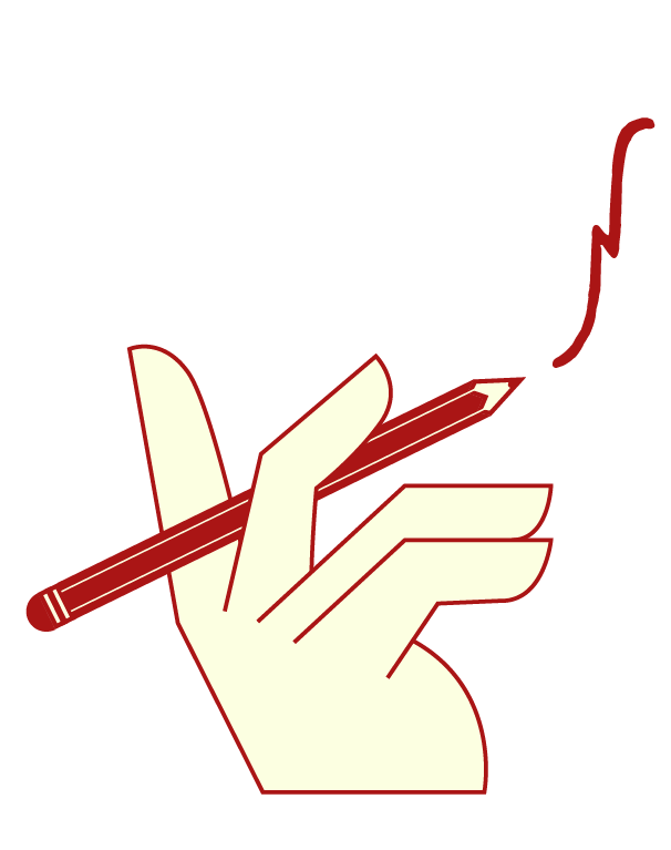 Illustration of a hand holding a red pencil with a squiggly line coming from the tip, indicating writing or drawing.