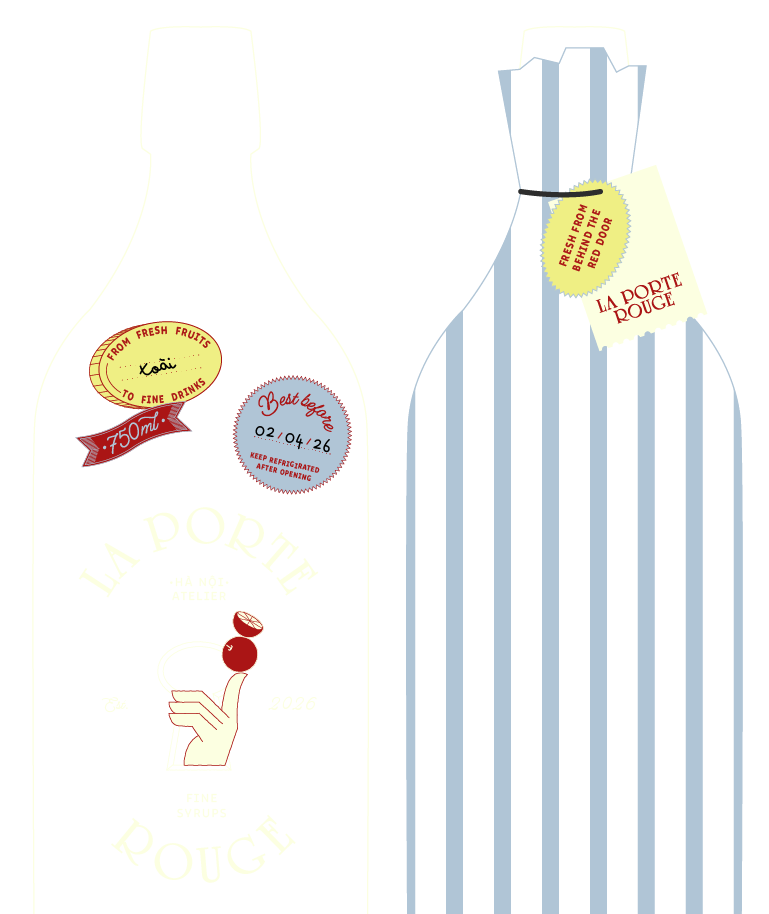 Two stylized bottle illustrations, one black with a red and white label, and the other blue with white and blue stripes, each featuring tags with text about beverages, flavors, and serving suggestions.