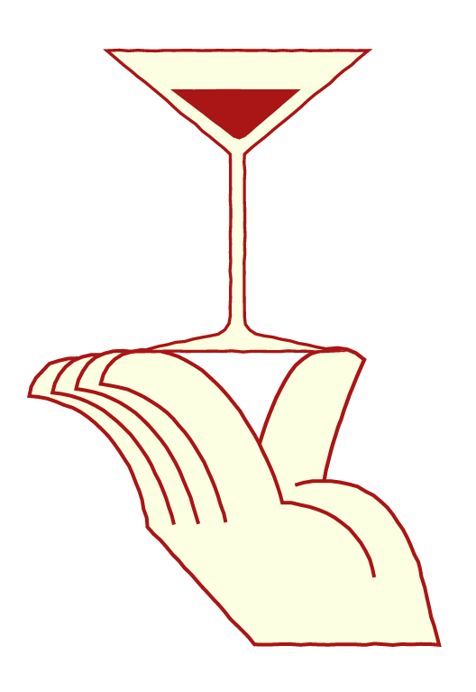 An illustration of a hand holding a martini glass with a red drink.
