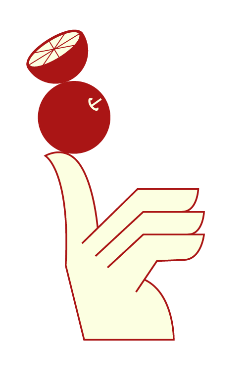 A stylized hand holding a skewer with two pieces of food, possibly meat and an onion, against a black background.