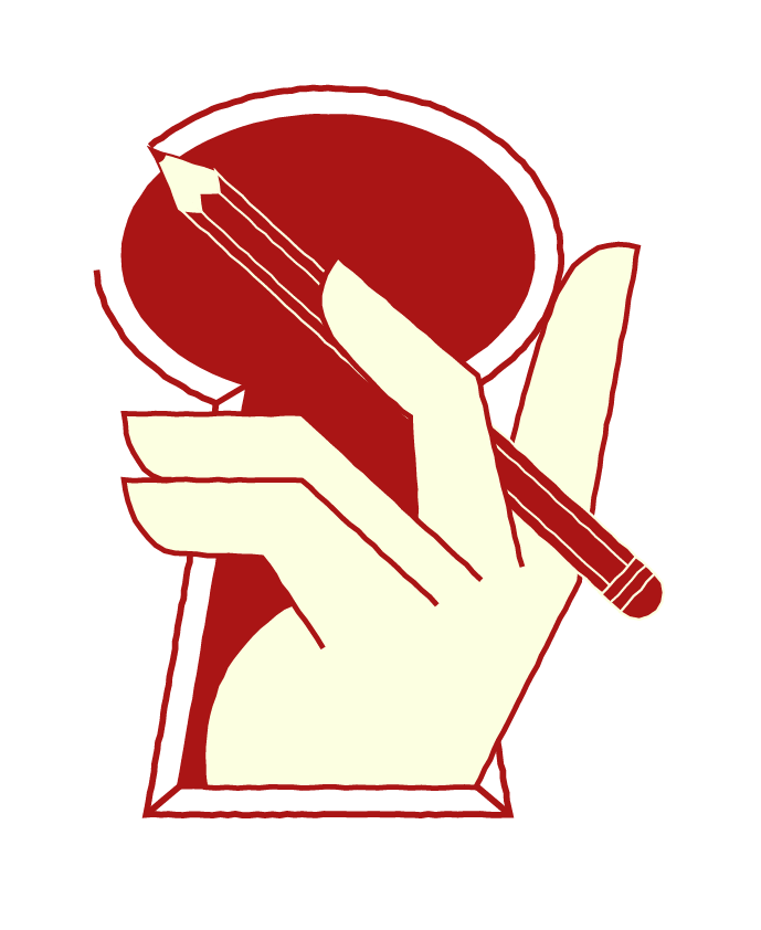 A graphic illustration of a hand holding a pen, with a large red circle in the background.