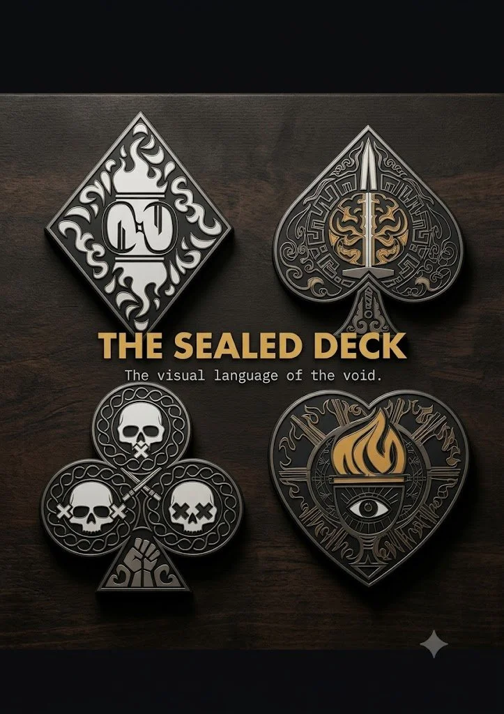 Four decorative patches with dark, mystical designs, including skulls, fire, and symbols, alongside the text 'The Sealed Deck' and the tagline 'The visual language of the void.'