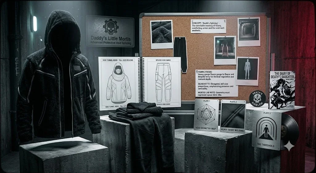 A dark, mysterious room with a hooded figure standing in front of a display. The display features scientific diagrams, sketches, and photographs related to a fictional or fictionalized technological or scientific concept, with signs and notes about void splicing, a mysterious entity called Daddy's Little Mortis, and the diary of Death's Daughter. The scene has a scientific or investigative atmosphere.