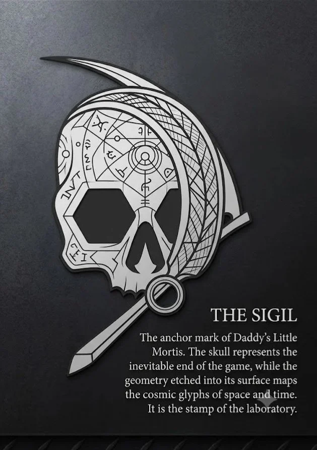 A skull with a geometric design and astrological symbols, combined with a nautical compass and an anchor, representing the sigil of Daddy's Little Mortis.