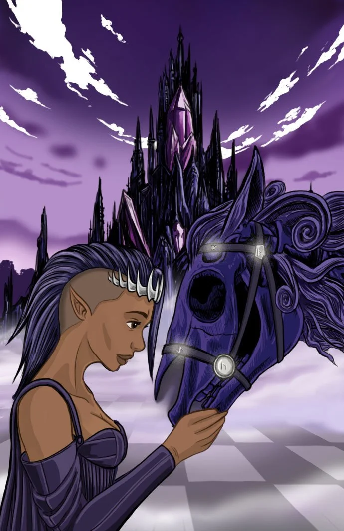 A fantasy illustration of a female elf with pointed ears and silver-accented hair, looking at a black horse with purple mane and glowing armor, and a dark purple castle with sharp towers in the background, under a purple sky with white clouds.