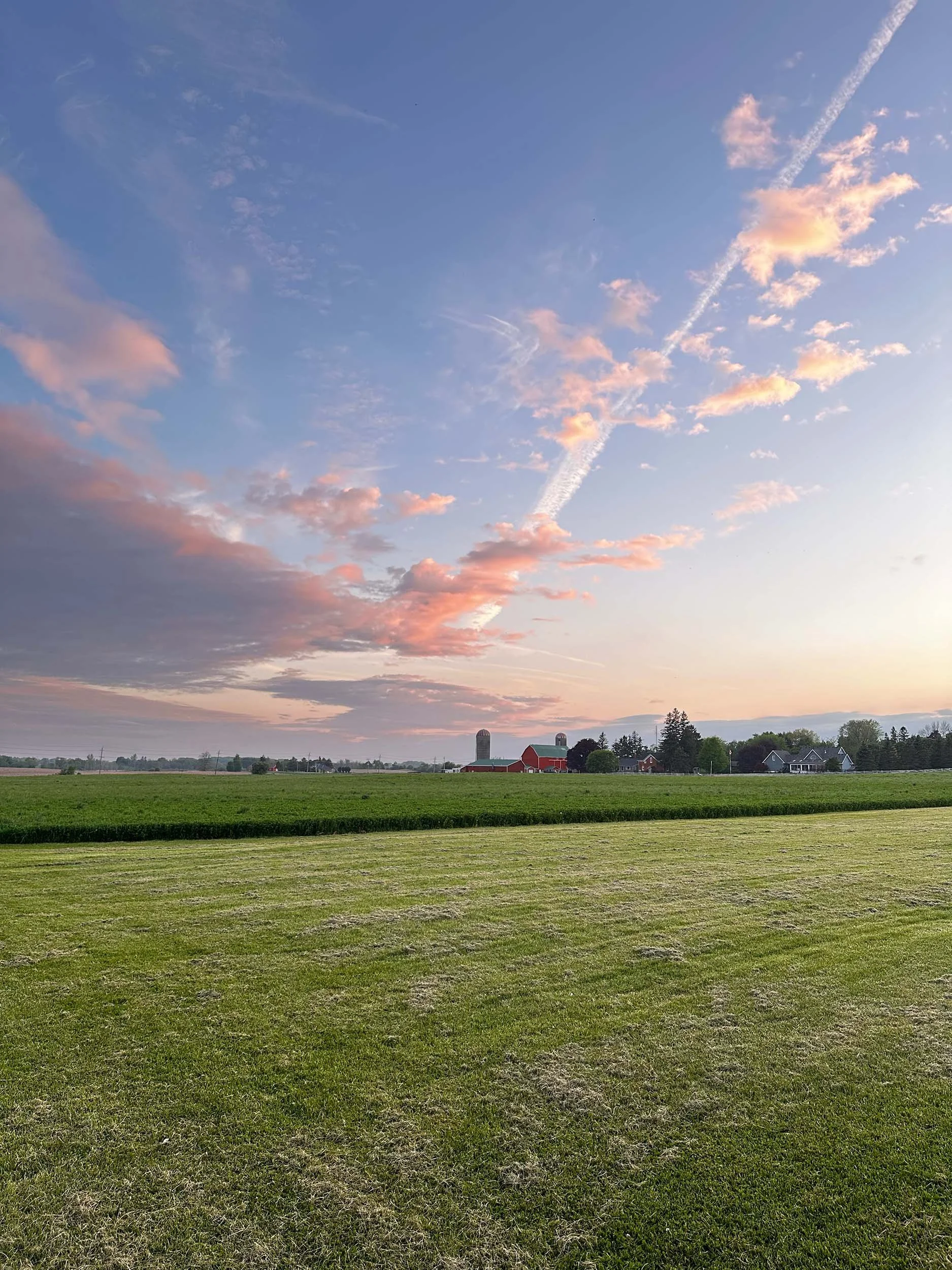 A wide open farm field with freshly mown grass, farm buildings including a barn, silos, some houses, and trees in the distance, under a sky with pastel pink and blue clouds at sunset.