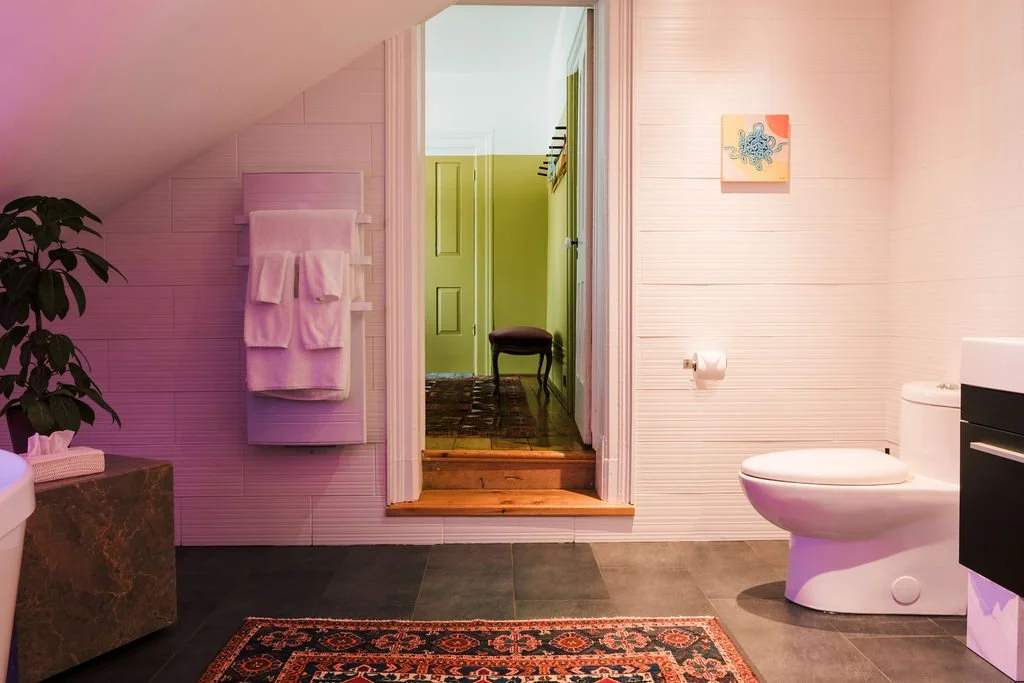 Bathroom with a white toilet, dark floor tiles, a patterned rug, a towel rack with folded towels, a potted plant, and an artwork on the wall. A doorway leads to a room with light green walls and a wooden floor.