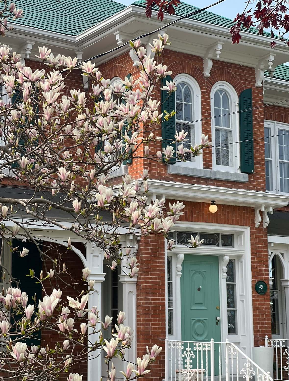 A brick house with white decorative trim, green shutters, and a mint green front door. A tree with pink and white blossoms partially obscures the house, and there are multiple second-story windows with arched tops.