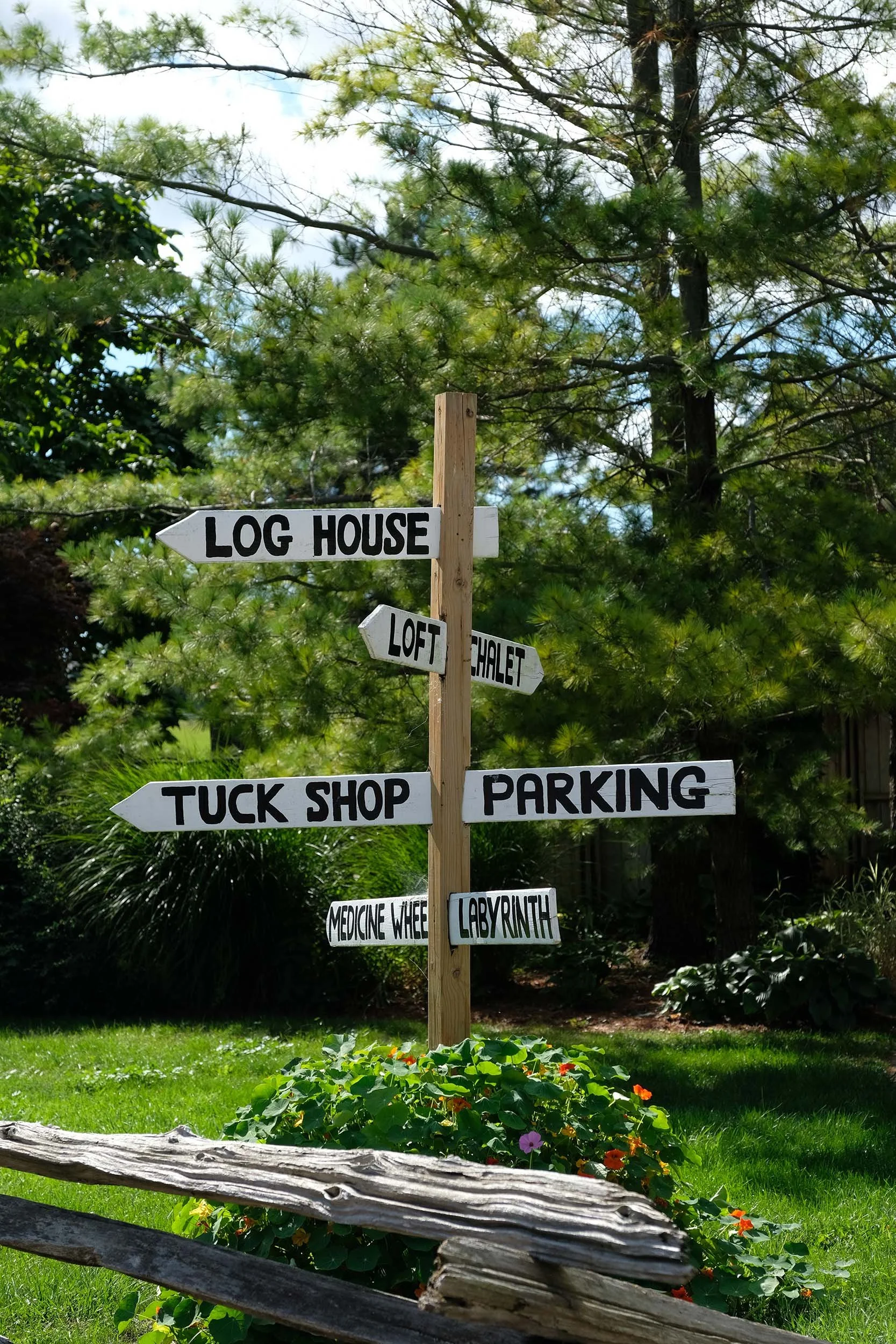A wooden signpost with several directional signs pointing to various places such as Log House, Loft, Chalet, Tuck Shop, Parking, Medicine Wheel, and Labyrinth. The signpost is set outdoors among lush green grass, plants, and trees with a bright sky in the background.