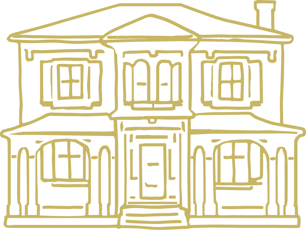 Line drawing of a two-story house with a front porch, windows with shutters, and a gabled roof.