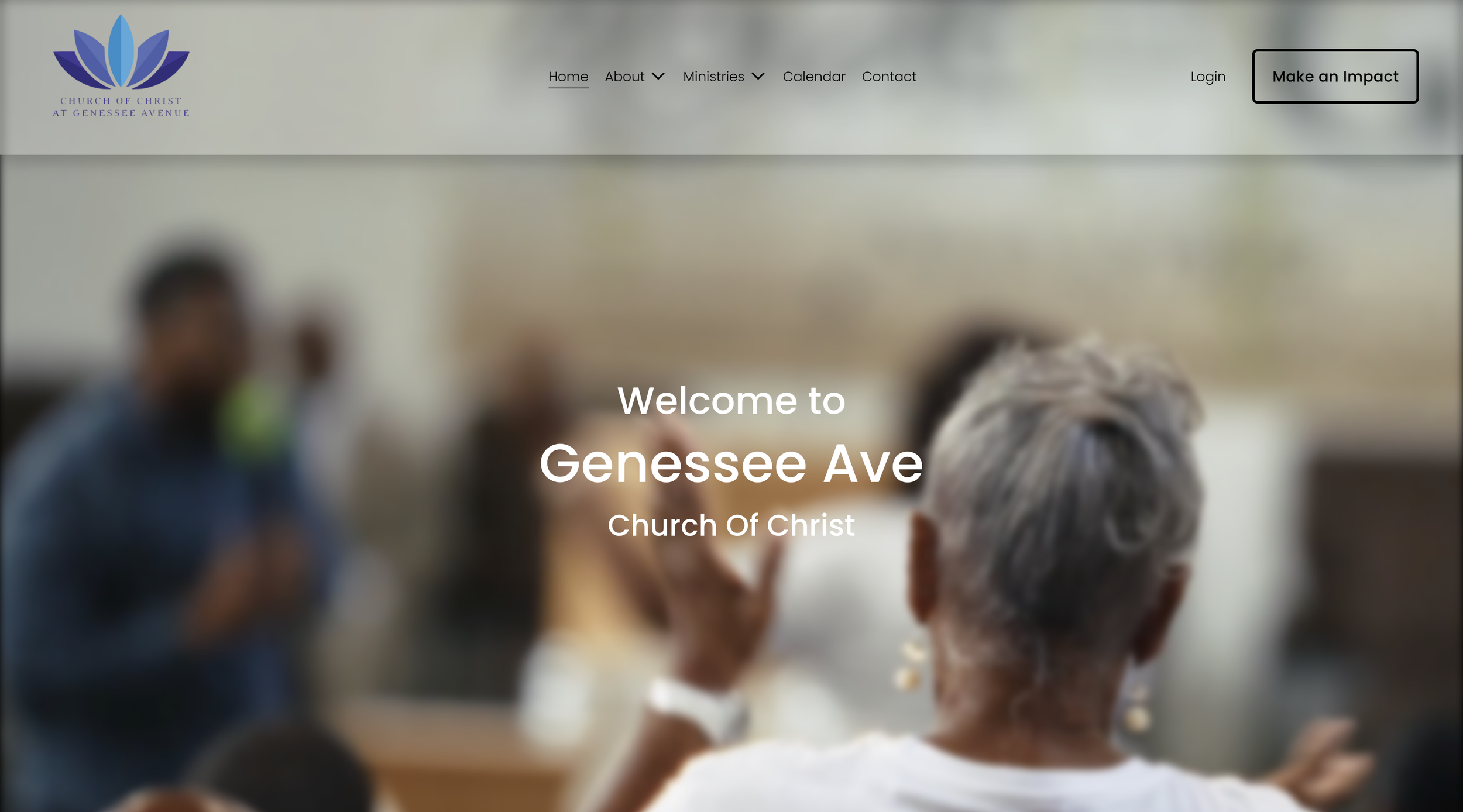 Website homepage for Church of Christ at Genesee Avenue featuring a blurred image of people gathered, with a logo of a stylized blue and purple lotus flower on the top left, and navigation menu items at the top.
