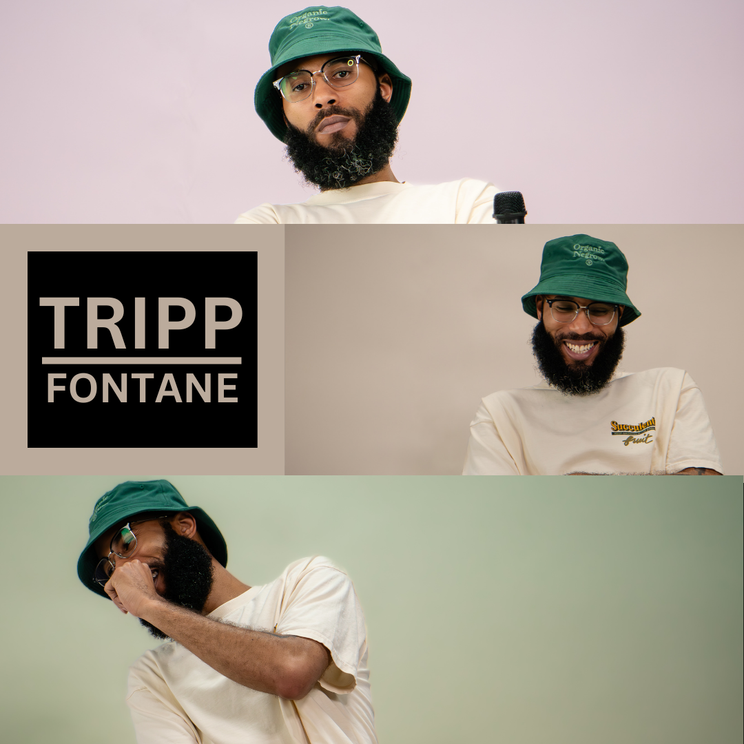 A collage of three photos featuring a man with a beard, glasses, and a green bucket hat. In the top image, he has a serious expression against a pink background; in the middle, he smiles with a gray background and a logo reading 'TRIPP FONTANE'; in the bottom, he is covering his face with his arm against a green background.