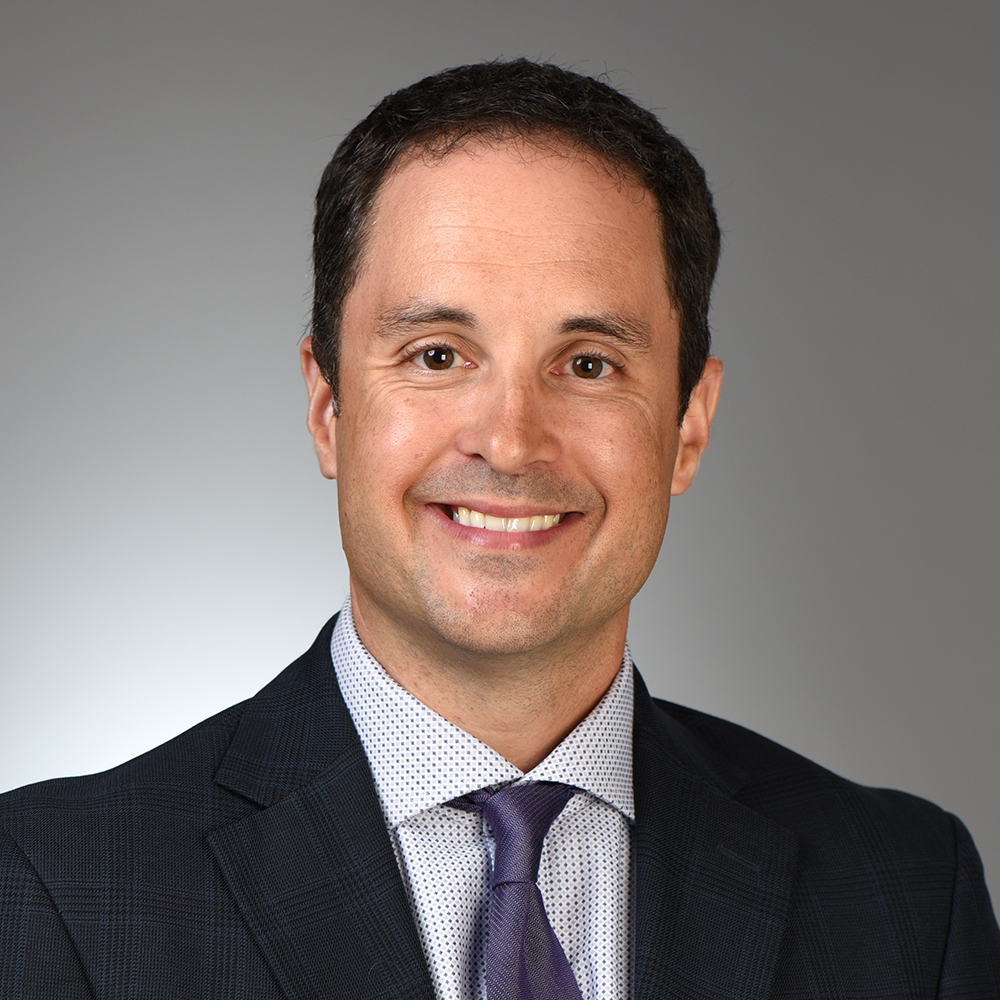 Professional headshot of a man wearing a dark plaid suit, light-colored dress shirt, and purple tie, smiling against a gray background.