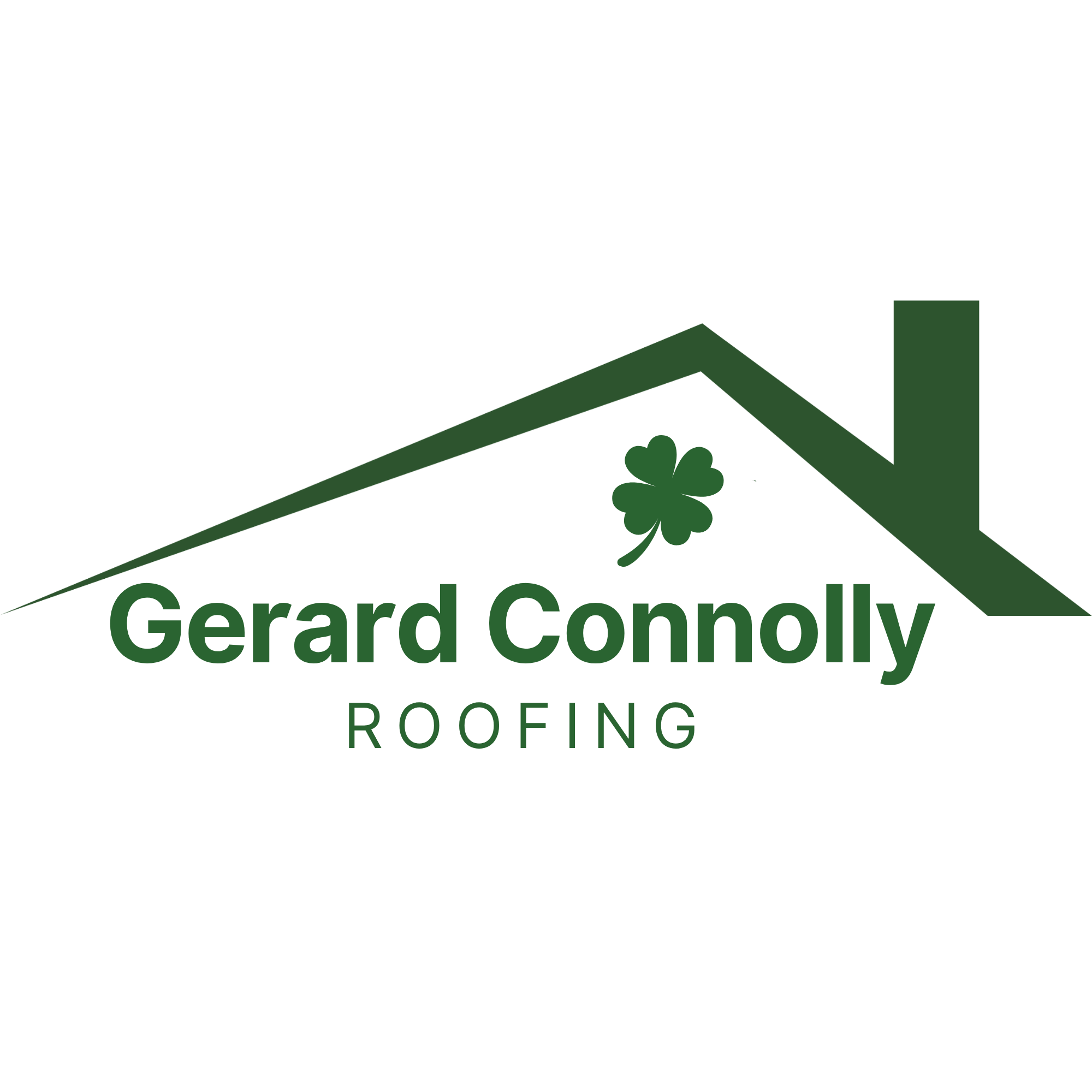 Logo for Gerard Connoly Roofing with a green roof outline, a four-leaf clover, and the company name in green text.