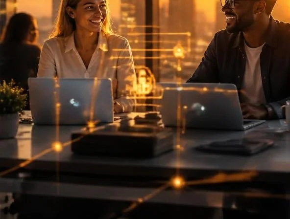 Twee mensen die samenwerken aan laptops tijdens een vergaderingssessie in een modern kantoor met uitzicht op de zonsondergang.