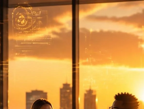 Uitzicht op een zonsondergang met hoge gebouwen en de reflectie van digitale elementen op een raam.