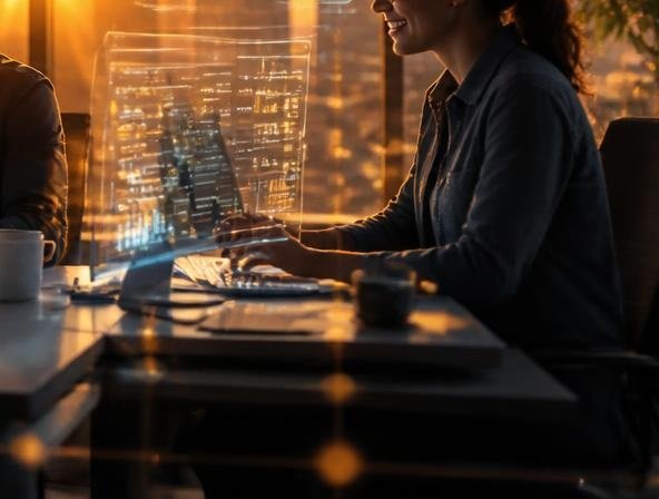 Vrouw die werkt aan een computer met een transparant scherm in een kantoor bij zonsondergang.