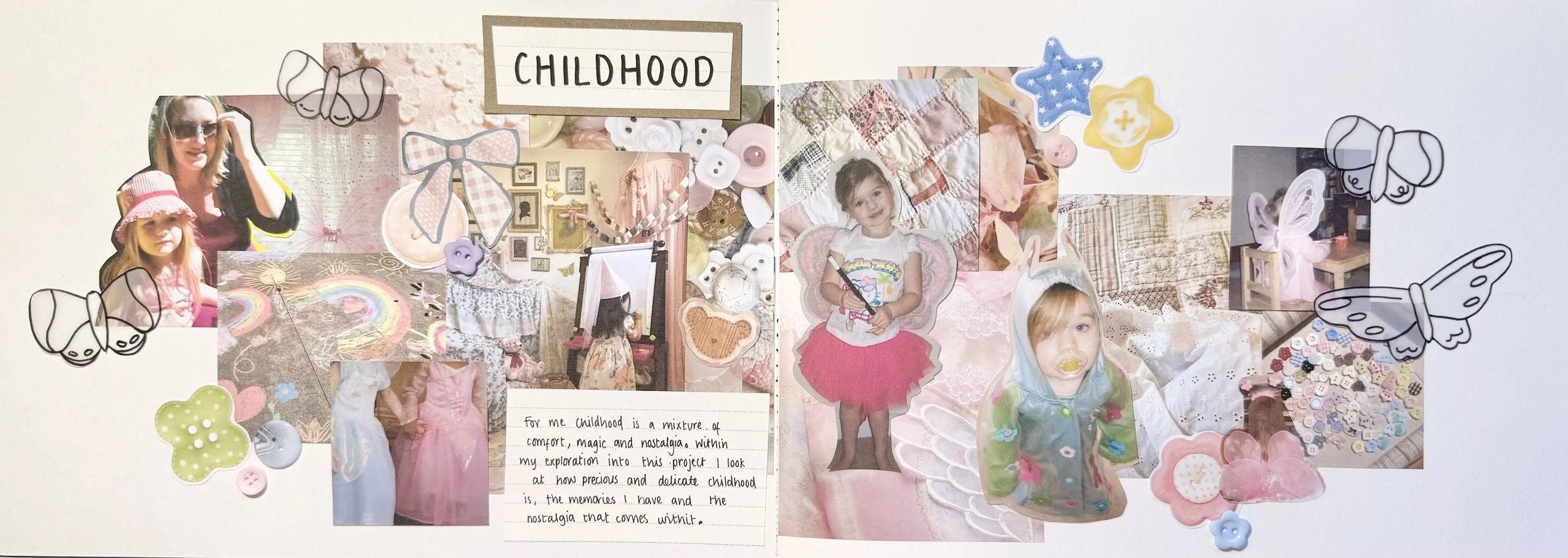 A collage of childhood memories featuring photos of children, decorated with paper butterflies, buttons, and fabric patches, with a sign labeled 'Childhood' at the top and a handwritten note about childhood memories.