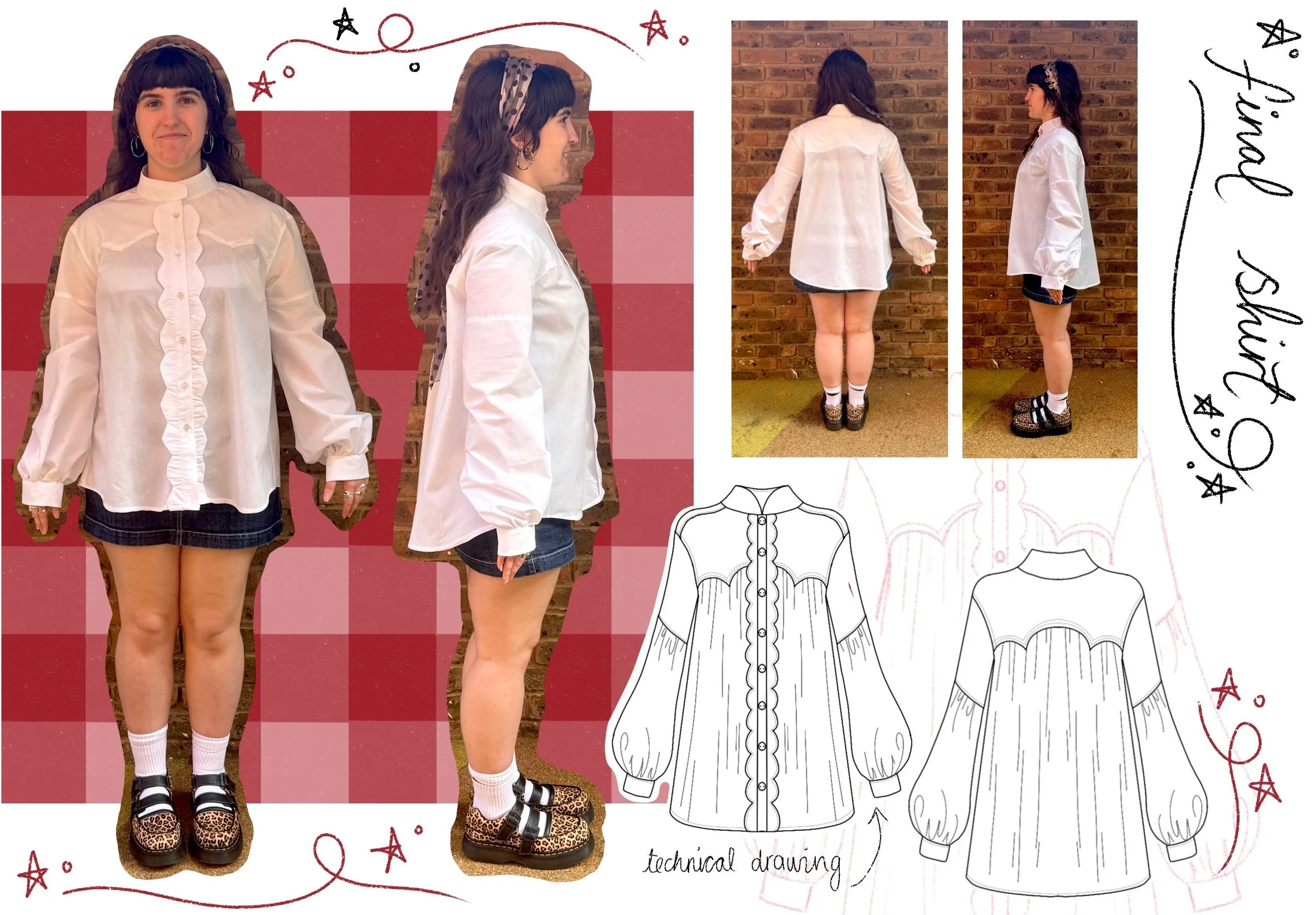 A collage featuring a girl modeling a white blouse with ruffled front, displayed in front and side views, alongside a technical sketch of the blouse. There are two photos showing the girl from the back and side, wearing the blouse with shorts and sneakers with socks. Decorative doodles, stars, and the handwritten text "flying shirts" are included in the background.