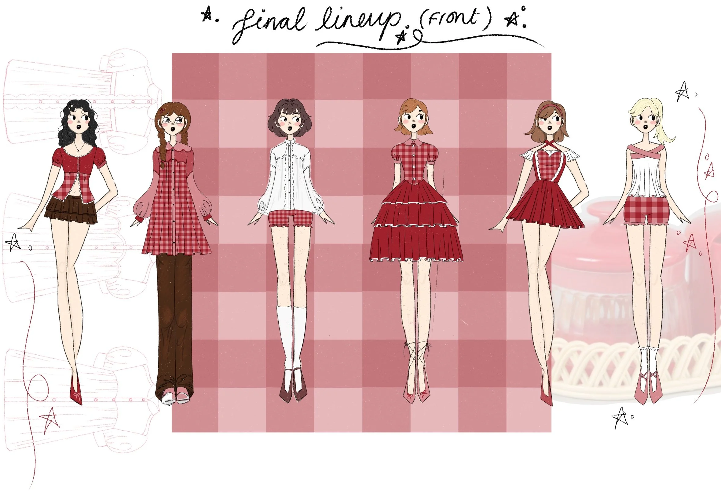 Illustration of six fashion models standing in a row, each wearing red and white checkered or red outfits. The background features a pink and red checkered pattern, with decorative sketches of kitchen appliances and desserts, including cupcakes, in soft pink tones.