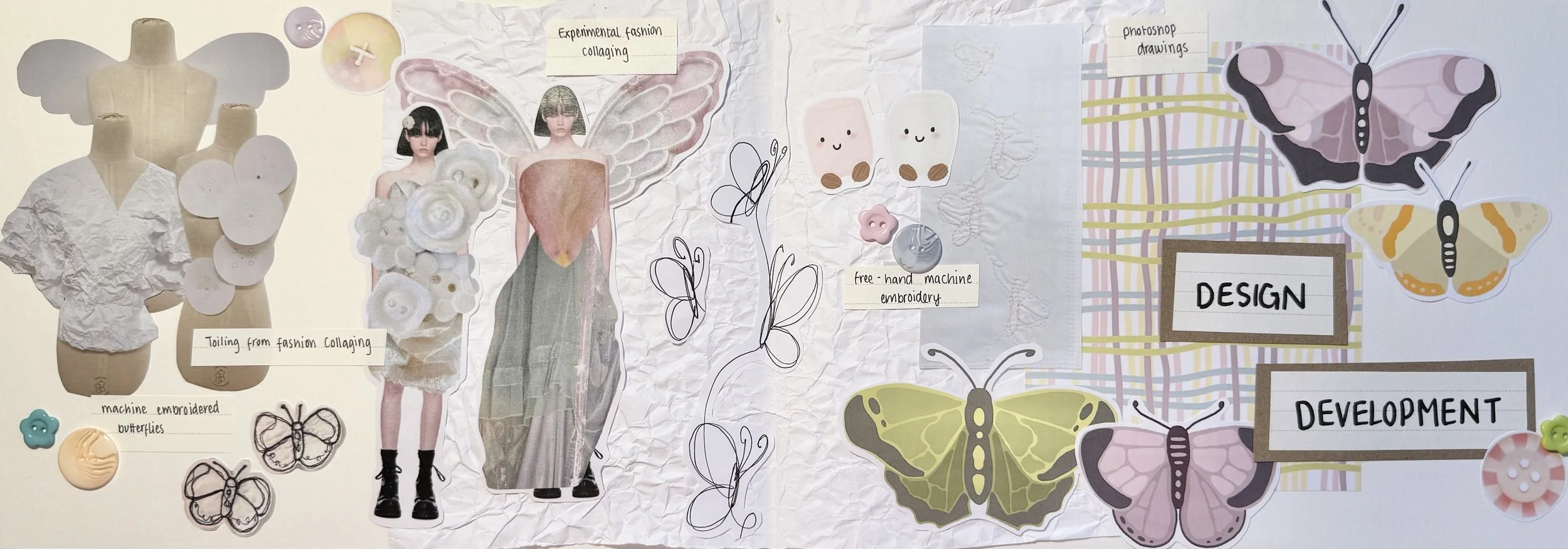 Collage depicting fashion design process with mannequins, fabric, and butterflies, including labels such as 'Toiling from fashion collaging,' 'Experimental fashion collaging,' 'Photoshop drawings,' and 'Design development.'