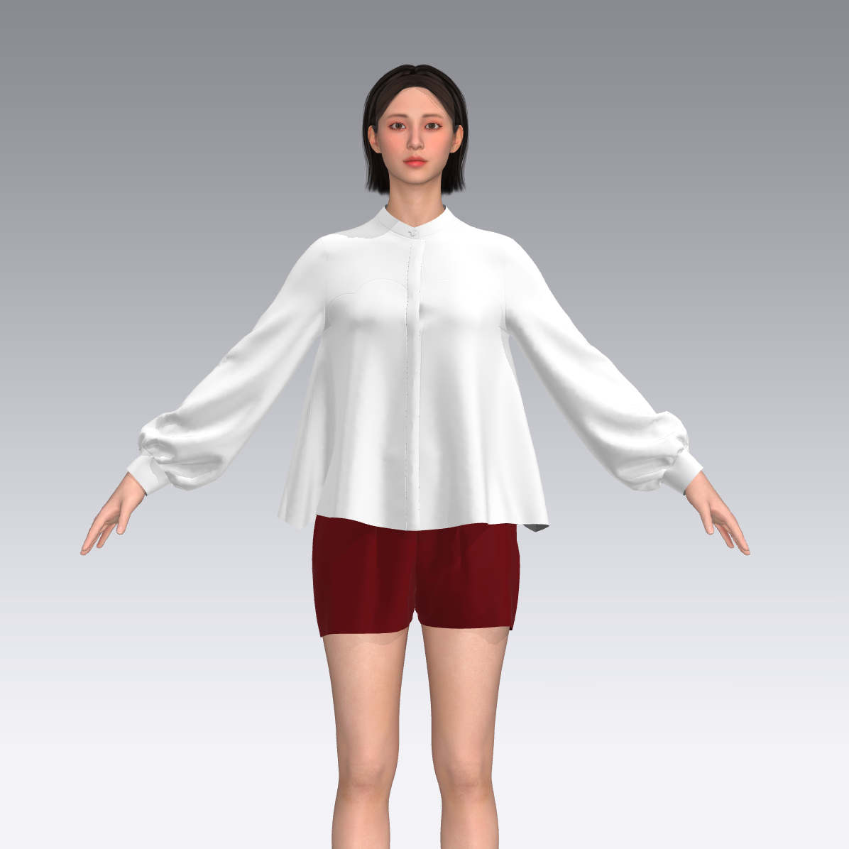 A woman with short dark hair wearing a white long-sleeve blouse and red shorts, standing against a gray background.