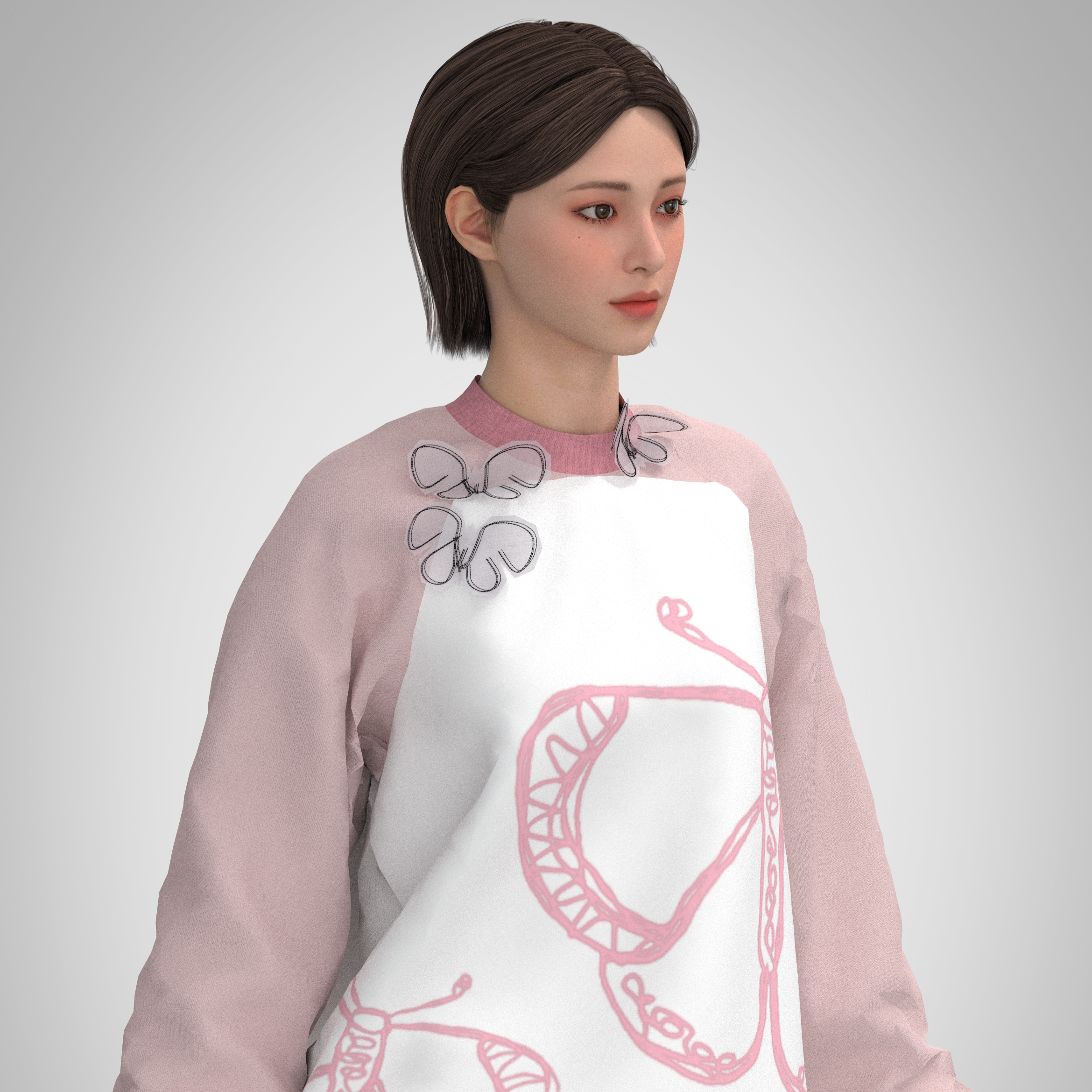 Digital illustration of a young woman with shoulder-length brown hair wearing a pink and white sweatshirt with a pink caduceus symbol. The sweatshirt has black outlines of abstract butterfly or bow shapes near the collar.