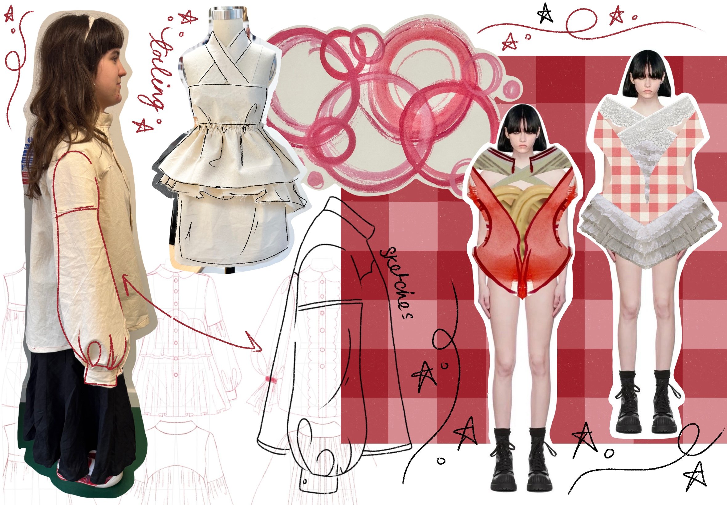 A collage with a woman in a beige and red-decorated shirt, a fashion sketch of a ruffled top, abstract red circles, and two models wearing creative, colorful outfits against a red checked background.