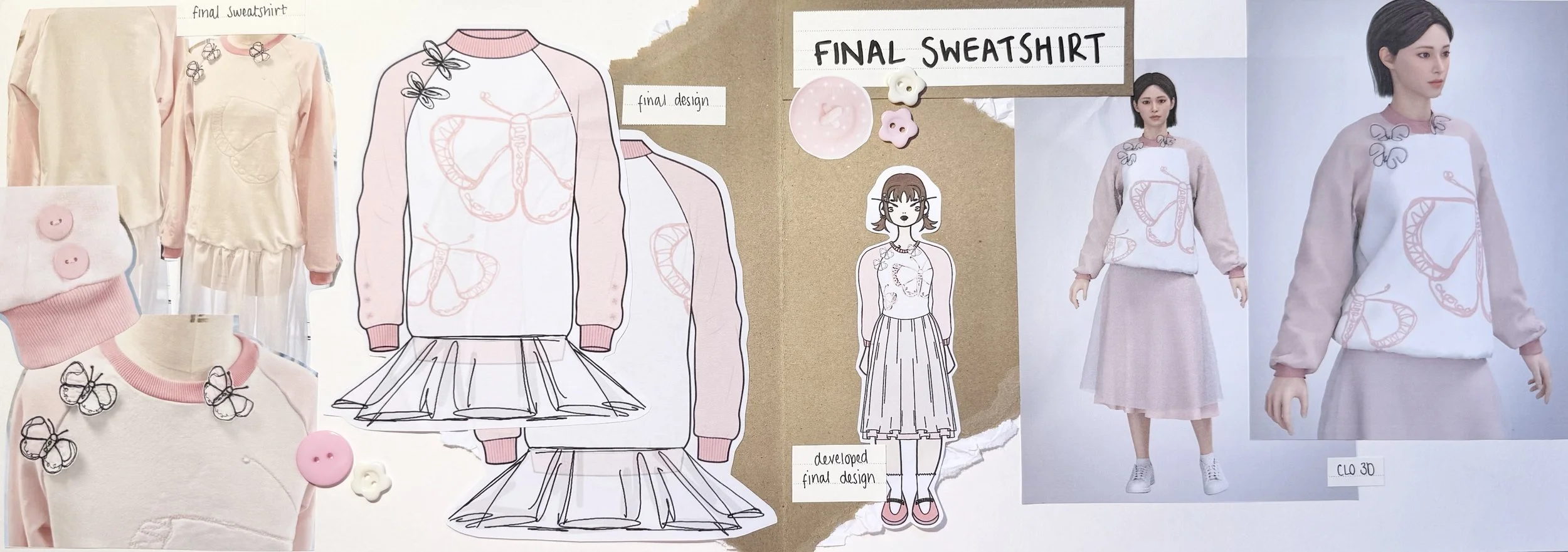 Design process for a pink and white sweatshirt with butterfly embellishments, featuring sketches, fabric samples, buttons, and photos of the finished garment worn by a mannequin and a model.