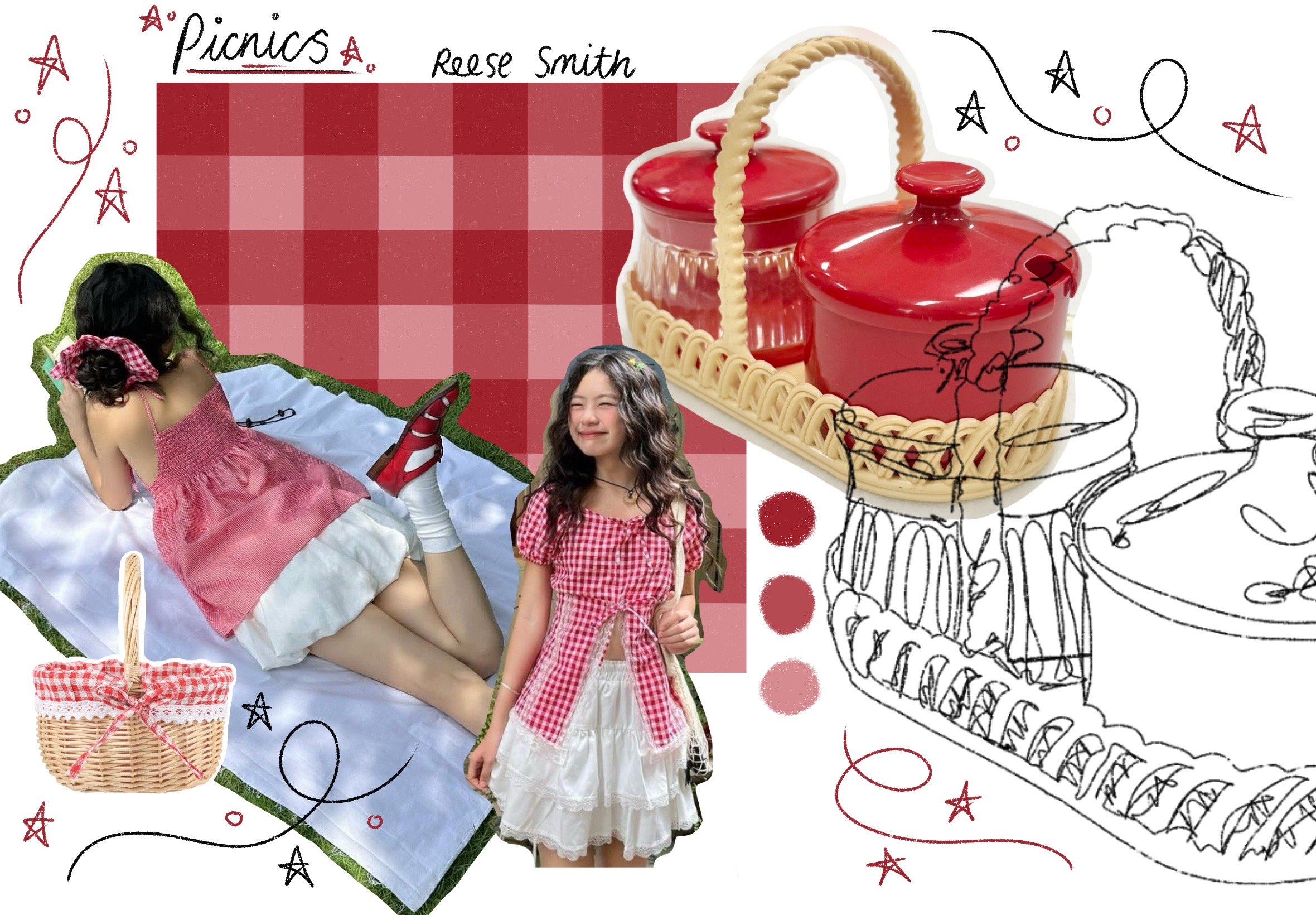 Collage with girls having a picnic, a picnic basket, and red teapots on a tray. The background features a red checkered pattern and decorative doodles of stars and swirls.
